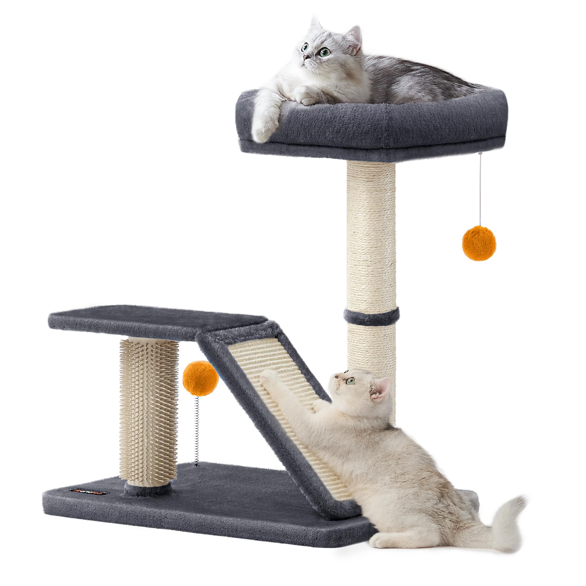 Feandrea Cat Scratching Post With Bed, Multifunctional Cat Scratcher With Perch, Rotatable Ramp, Self-Groomer, Pompoms, Small Ca