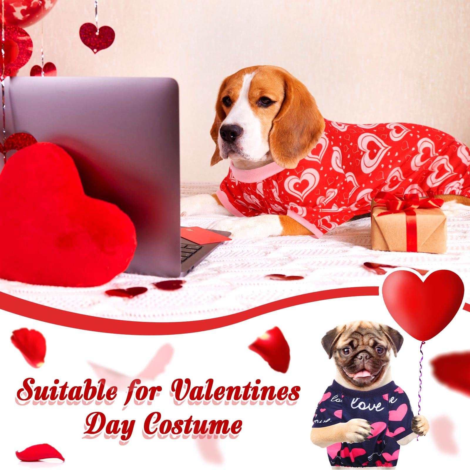6 Pack Valentines Dog Pajamas Heart Pattern Dog Clothes Dog Costumes For Small Medium Large Puppy Dog Cat Valentines Party Cosplay (Large)