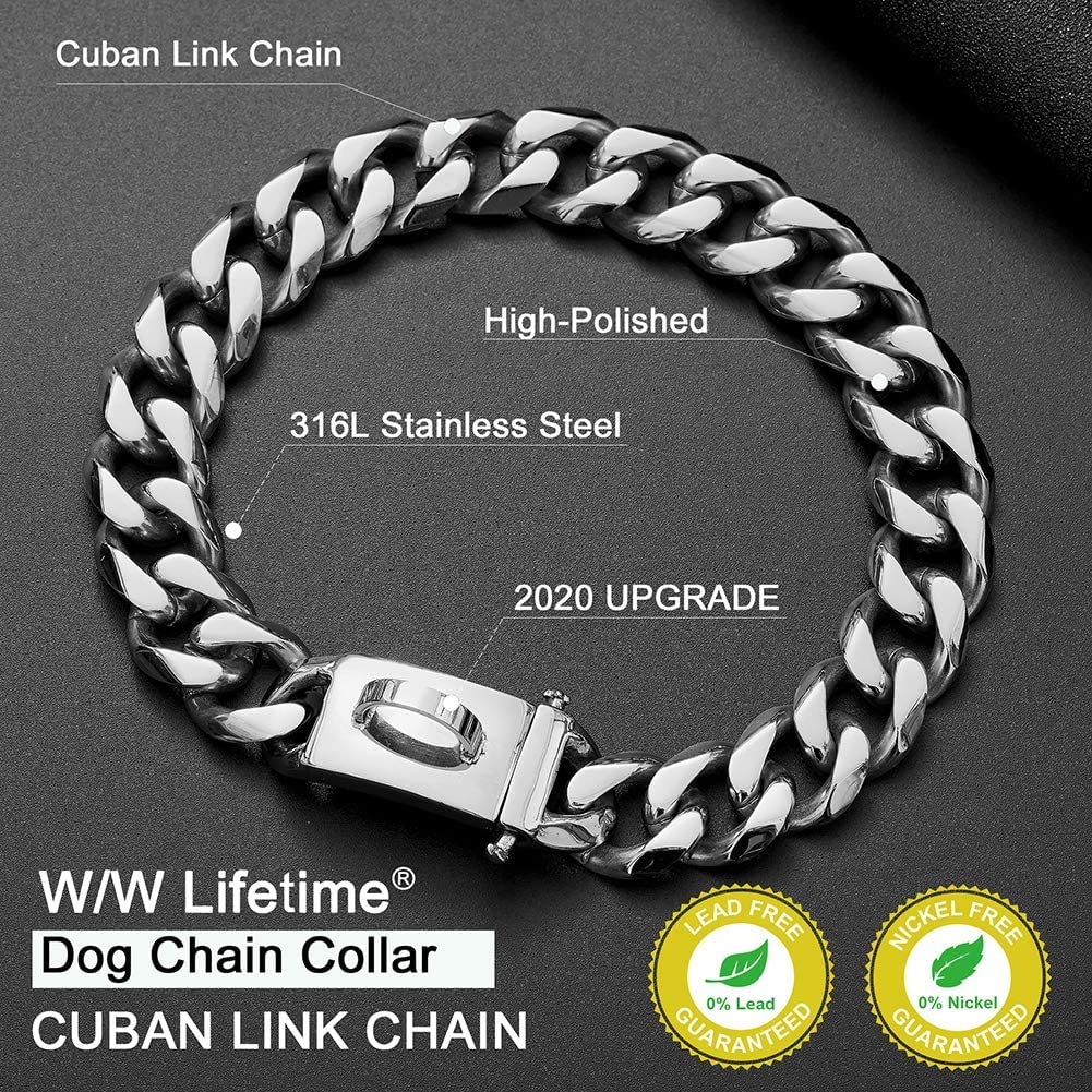 W/W Lifetime Dog Chain Collar Walking Metal Collar With Design Secure Buckle Cuban Link Strong Heavy Duty Chew Proof For Large Dogs(19Mm, 24')