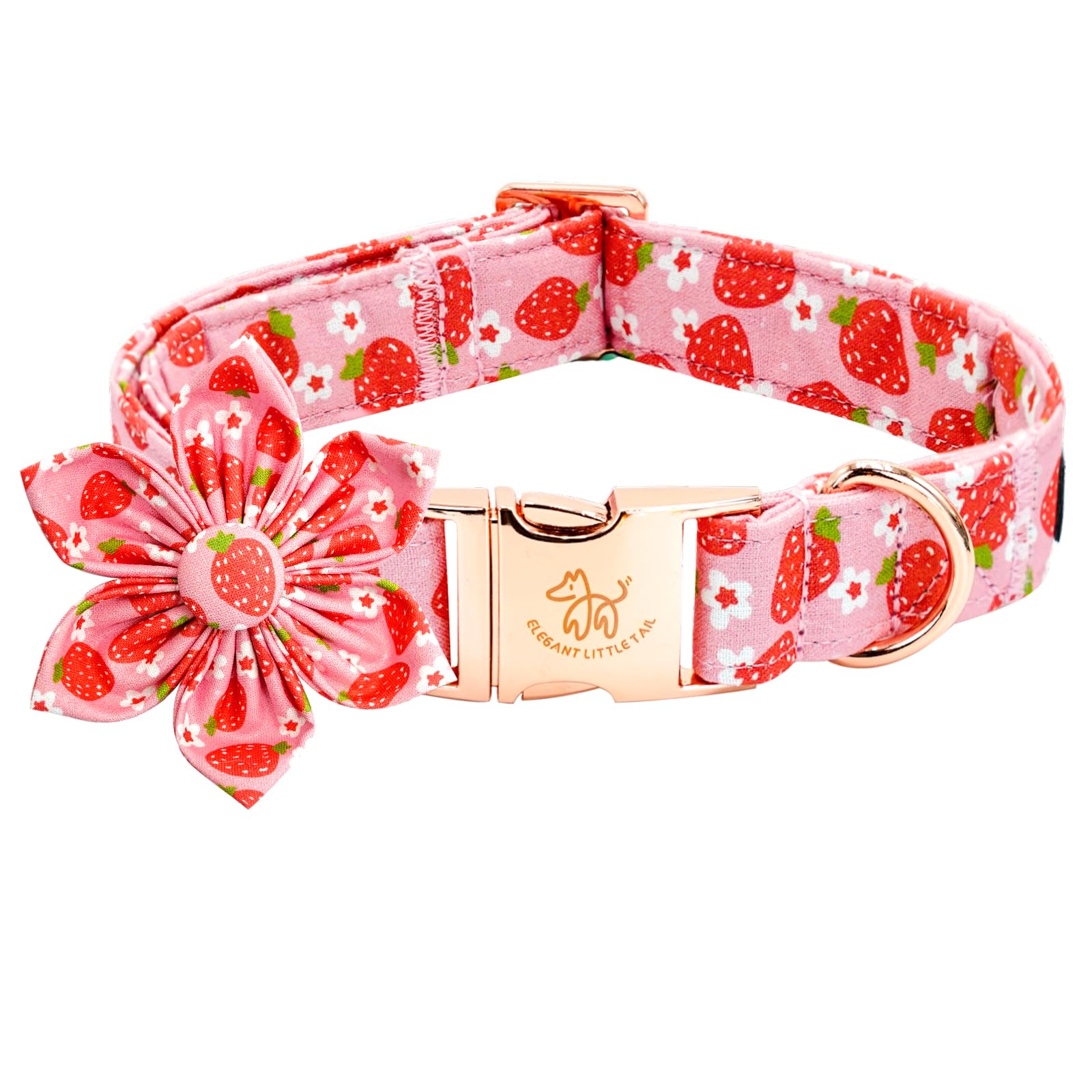 Elegant Little Tail Spring Dog Collar, Flower Strawberry Print Cotton Soft Female Dog Collar, Adjustable, 16-26 Inches, Pink, Un