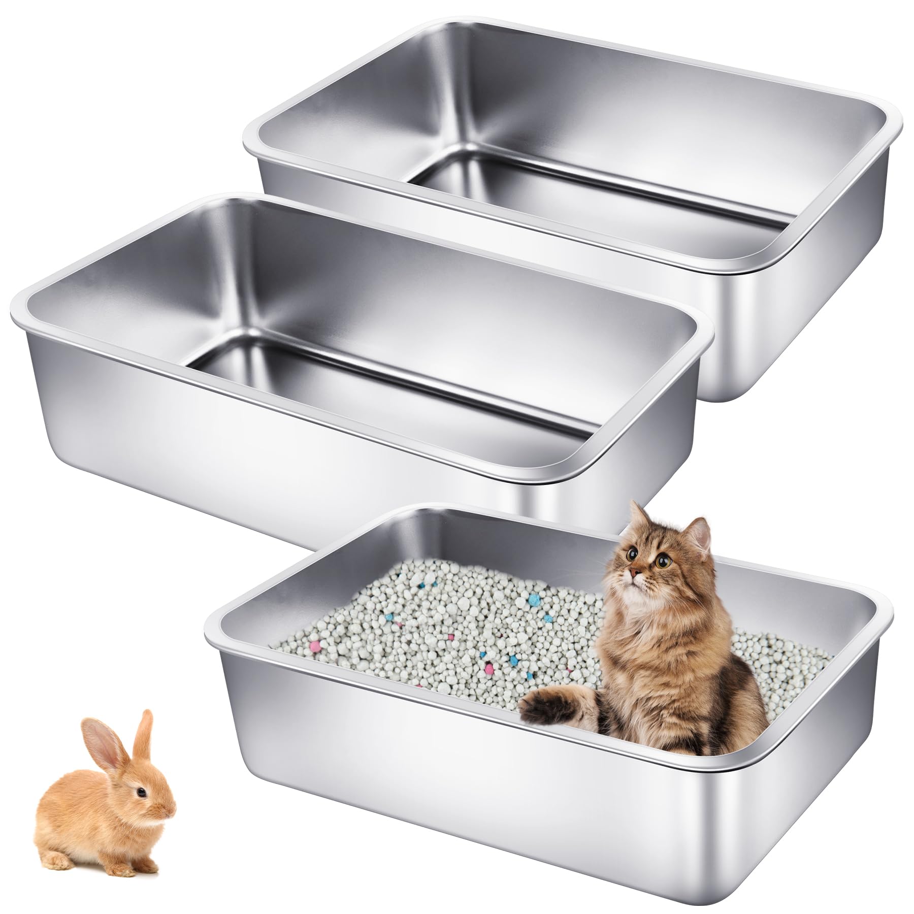 Phepetroll 3 Pack Stainless Steel Cat Litter Boxes 19.7' L X 13.8' W X 5.9' H Extra Large Metal Litter Boxes With High Sides 