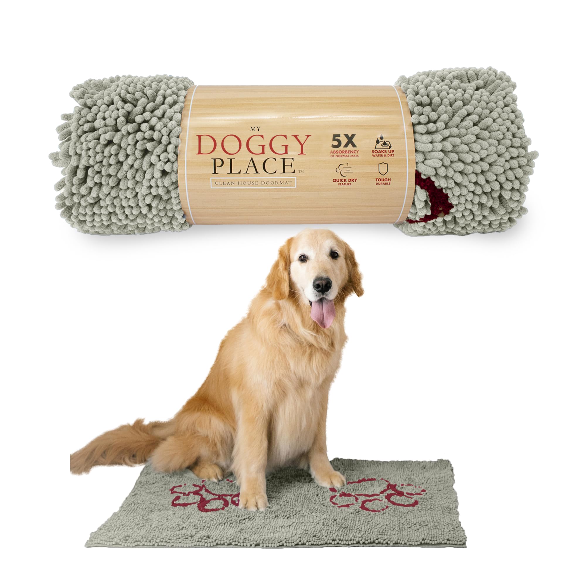 My Doggy Place Microfiber Dog Mat for Muddy Paws, 36 x 26 Light Gray With Paw Print - Absorbent Quick-Drying Cleaning, Washer an