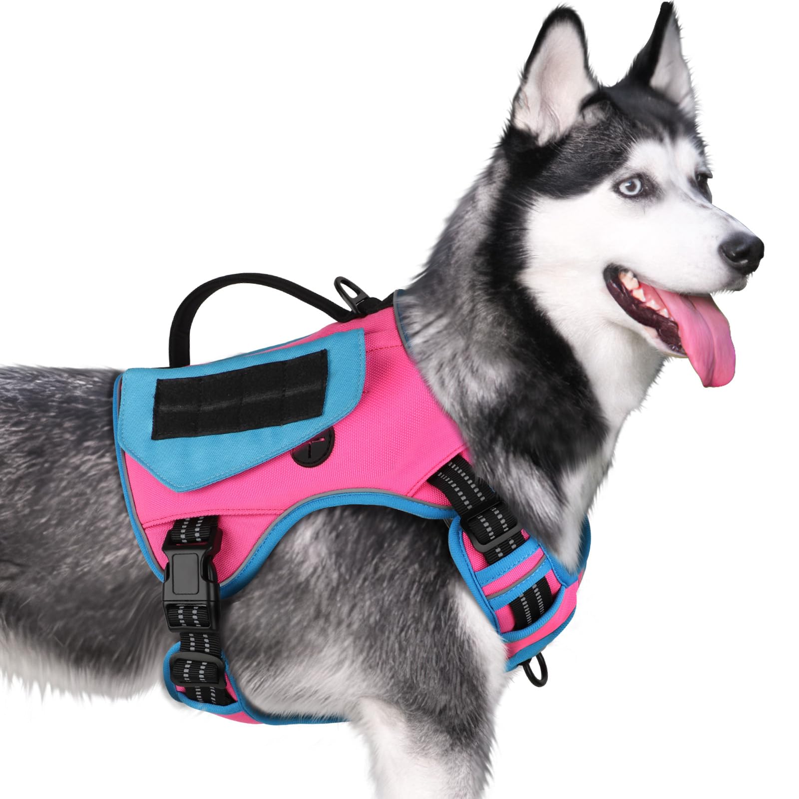 Wingoin Tactical Dog Harness For Large Dogs, No Pull Harness With Handle Pockets Poop Bag, Reflective Dog Vest, Military Service Heavy Duty Big Dog Harness For Walking Hiking Training, Pink Blue, L