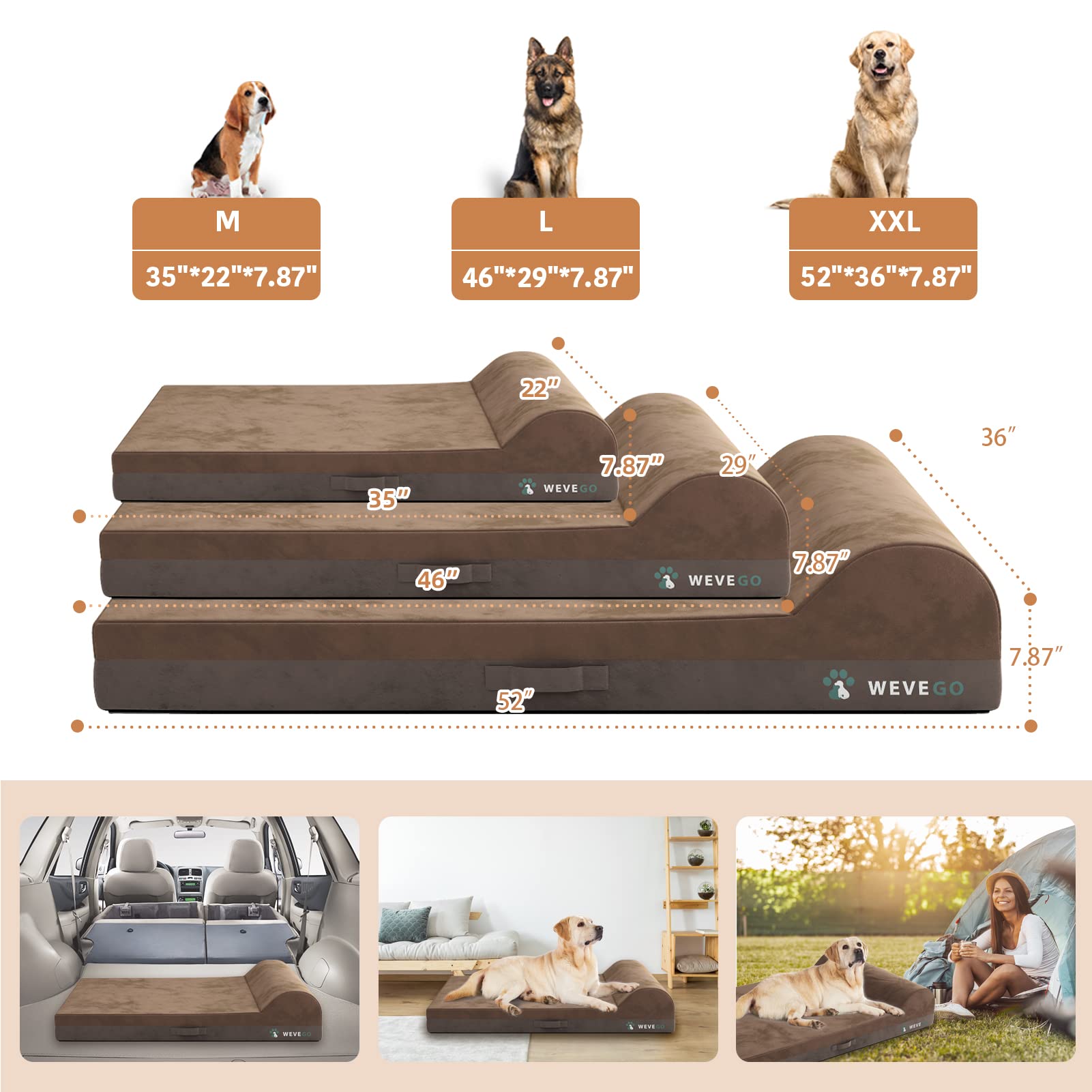 Wevego Dog Bed, Large Dog Bed With Pillow, Thicken Gel Memory Foam Flannel Fabrice Dog Bed, Durable Waterproof Liner & Removable Washable Cover With Non-Slip Bottom, Sizes Medium Brown
