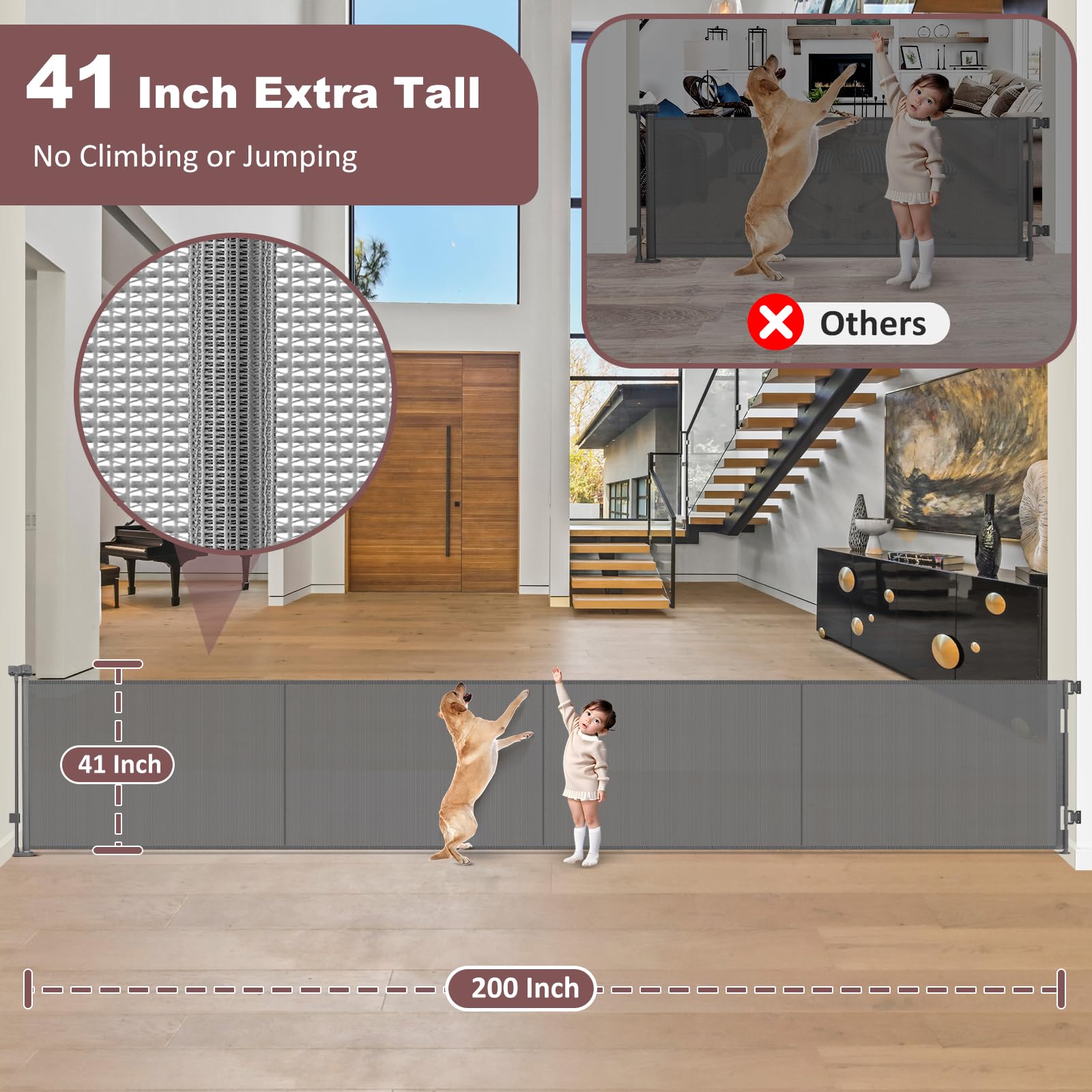GRENFU Retractable Dog Gate - 41" Tall x 200" Wide, Gray, Extra Wide Indoor/Outdoor Baby Fence with Support Rods, Model TH-A131