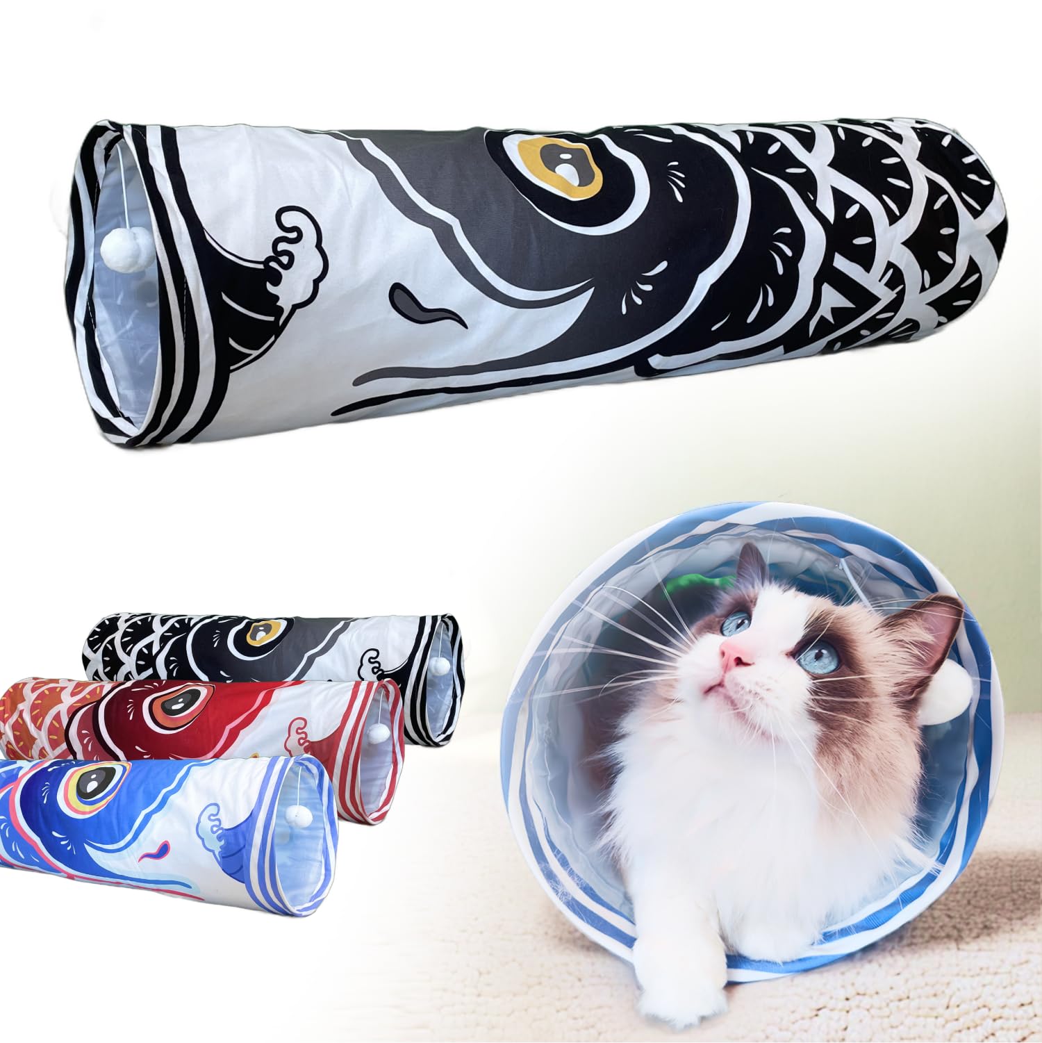 Dsumky Cat Tunnel With Fish Design, Plush Toy Ball, Easy To Clean, Collapsible, Hide & Seek Play, Self-Entertainment Toy (Elegan