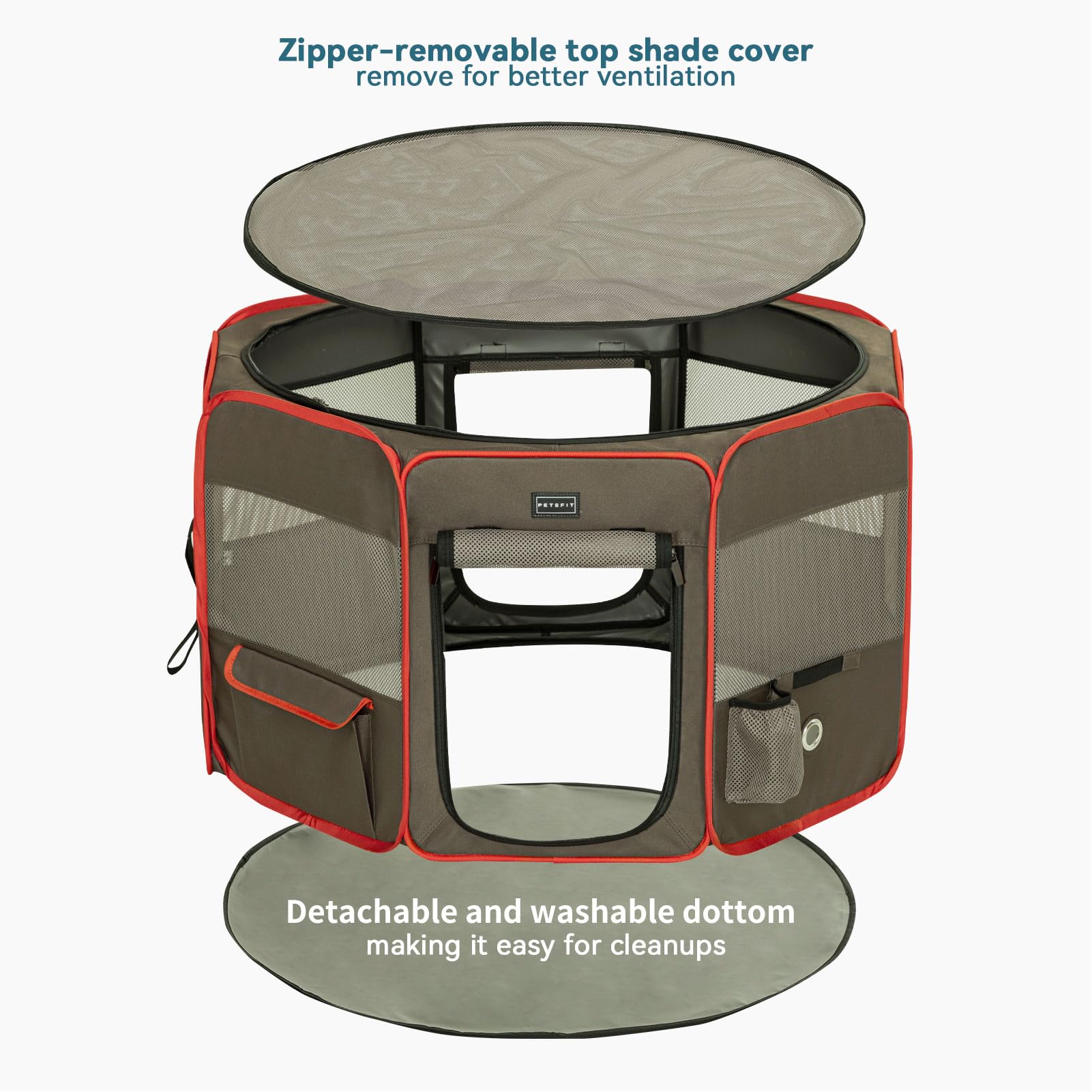 Petsfit Portable Dog Playpen, 36" Indoor/Outdoor, Grey-Brown, Removable Zipper Top, Medium, Model DCC1058B