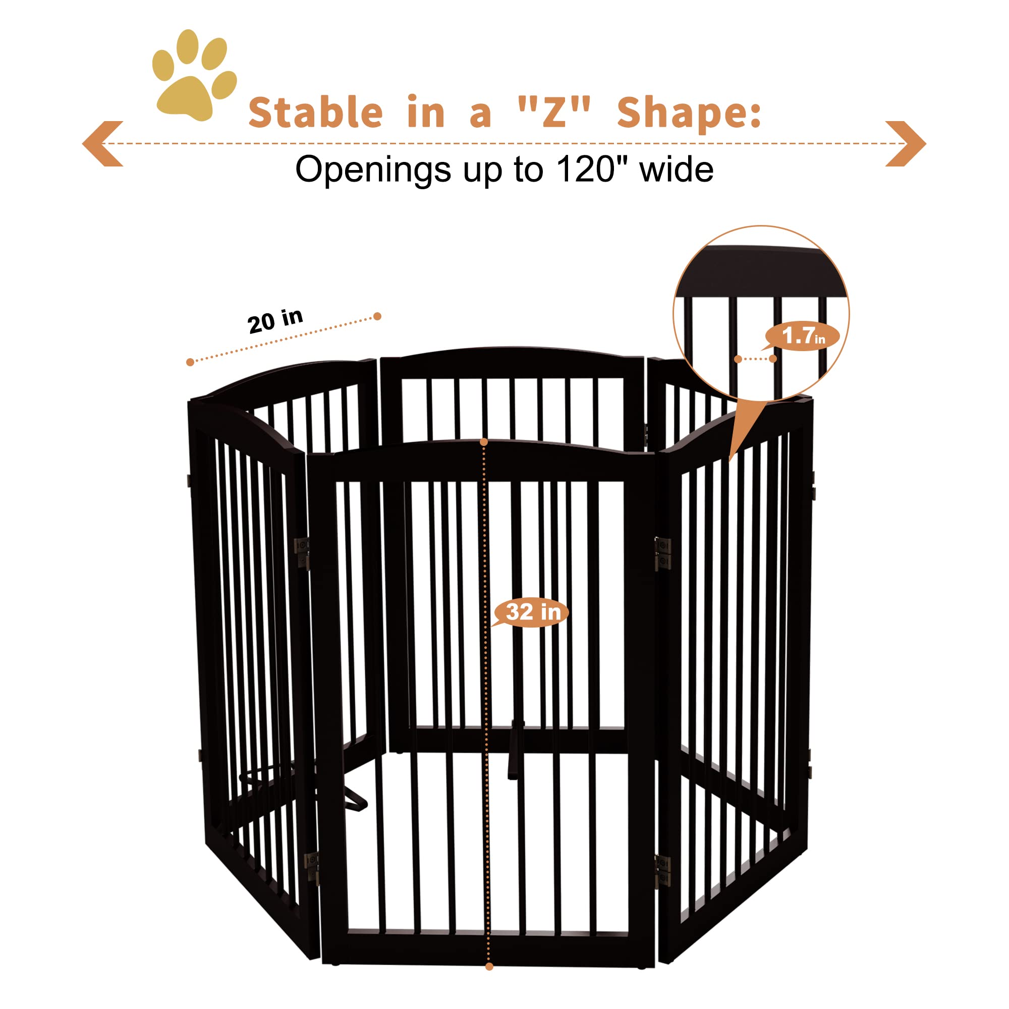 PUPETPO Freestanding Wooden Pet Gate for Dogs, 120" Wide, 6 Panels, Dark Brown, Model DB6-32, Foldable for Indoor Use