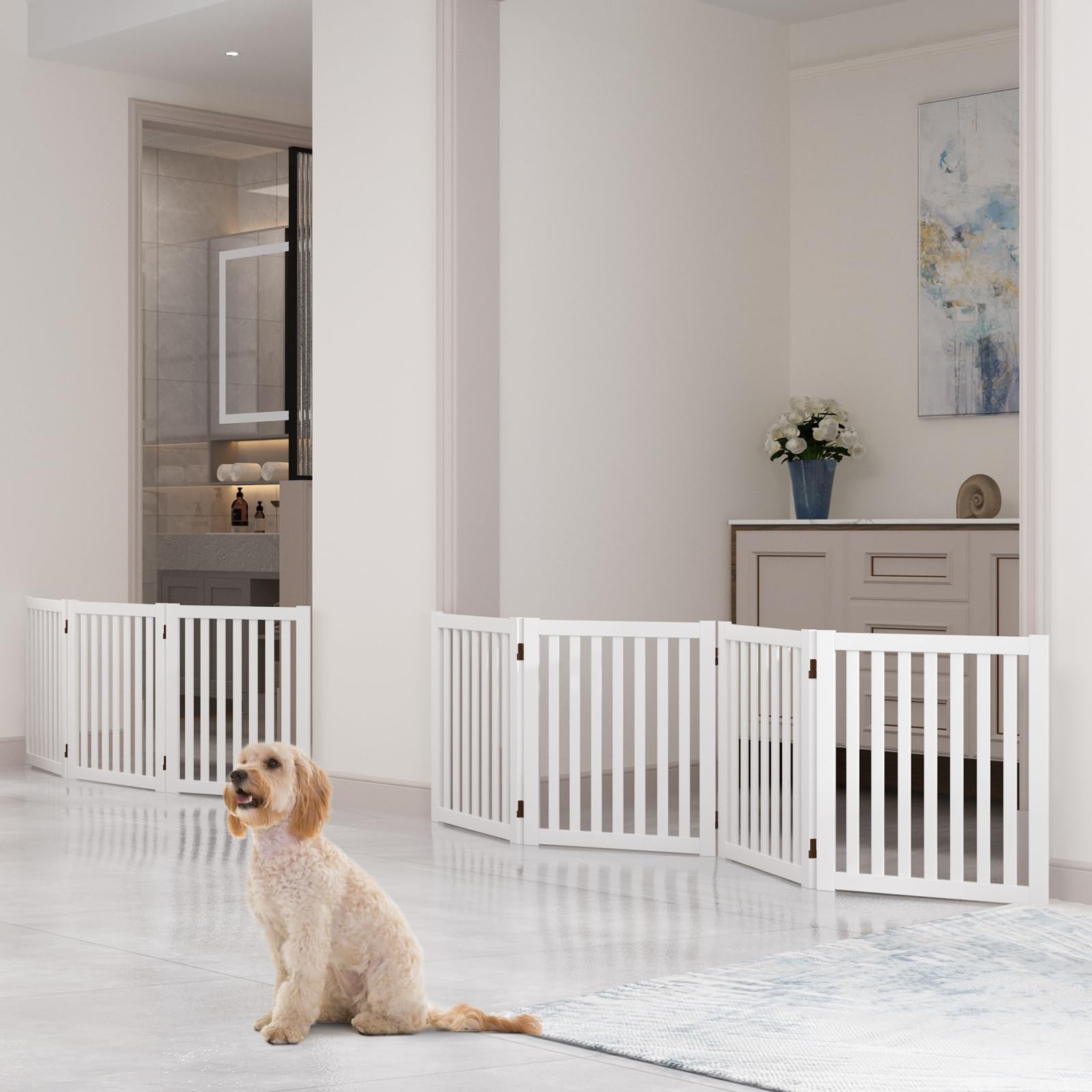 WELLAND Wooden Freestanding Pet Gate, 4 Panel 24 Inch Step Over Fence, Expands Up to 80 '' Wide, Foldable Indoor Dog Gate Puppy