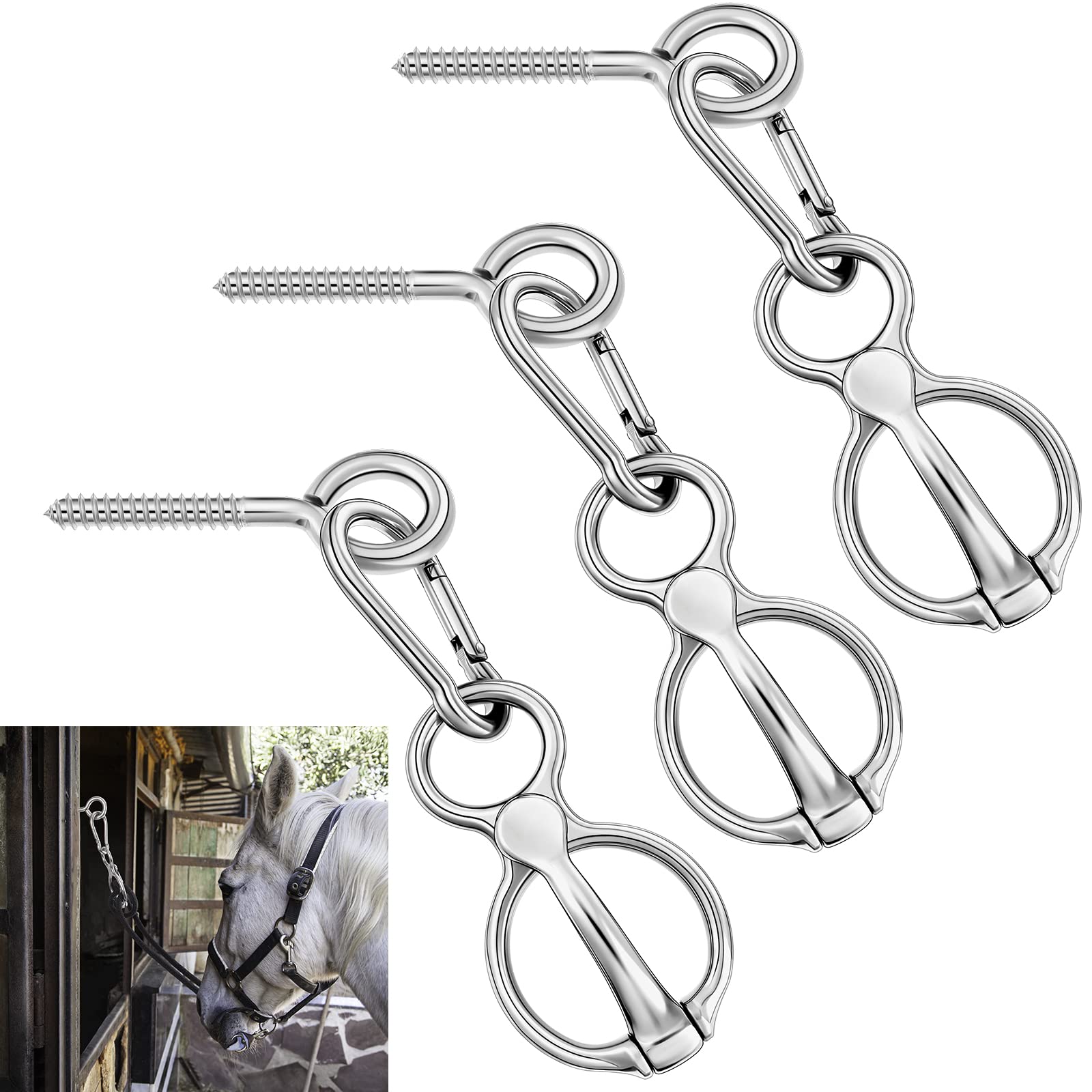 Nuenen Horse Tie Ring Stainless Steel Horse Tack And Supplies Safety Horse Accessories With Eye Bolts And Snaps Saddle Horse Training Equipment For Pulling Back, Silver (3 Sets)