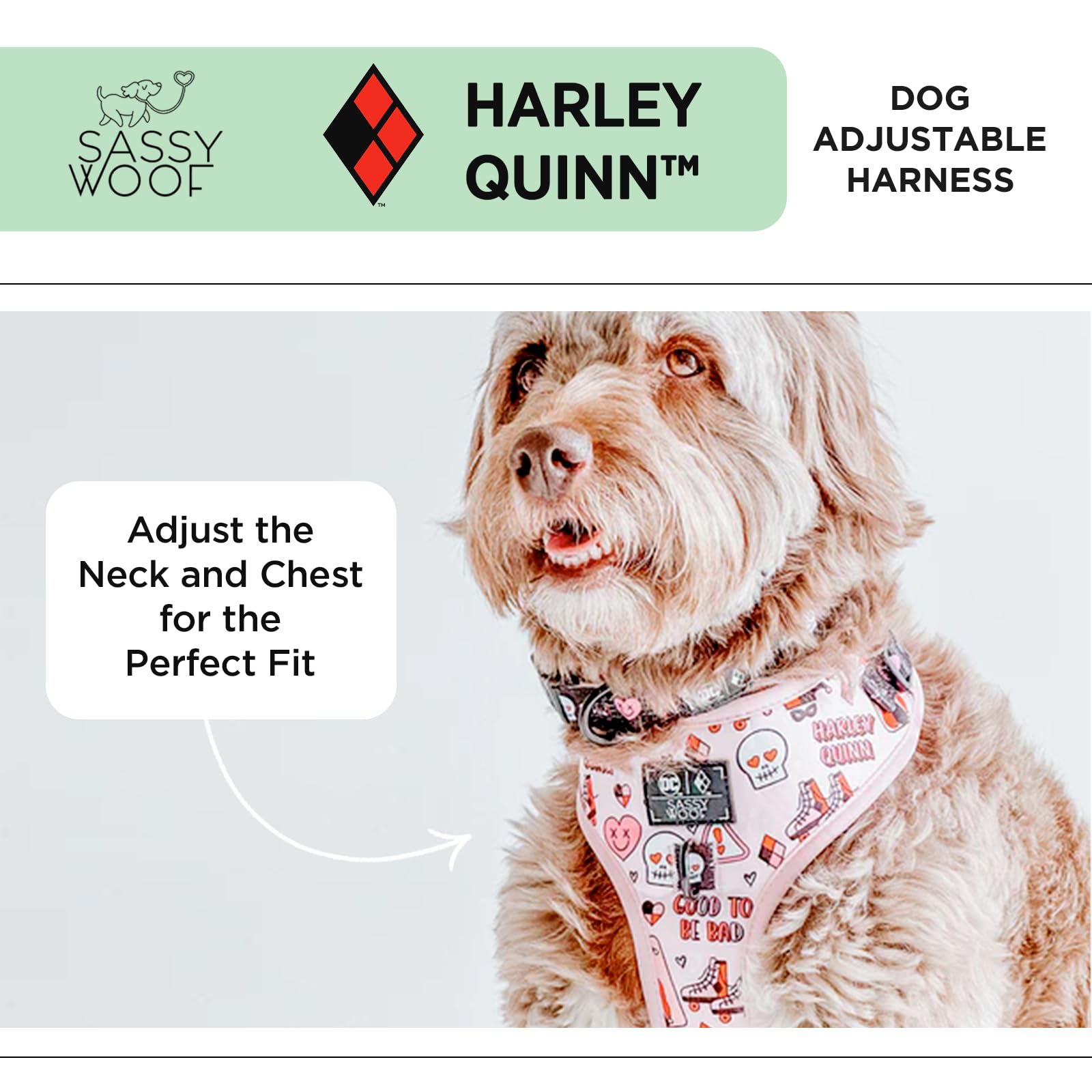 Sassy Woof Dog Adjustable Harness - Harley Quinn - Xs, Breathable Mesh, No Pull Design With Two D-Rings, Patented Design, Perfec