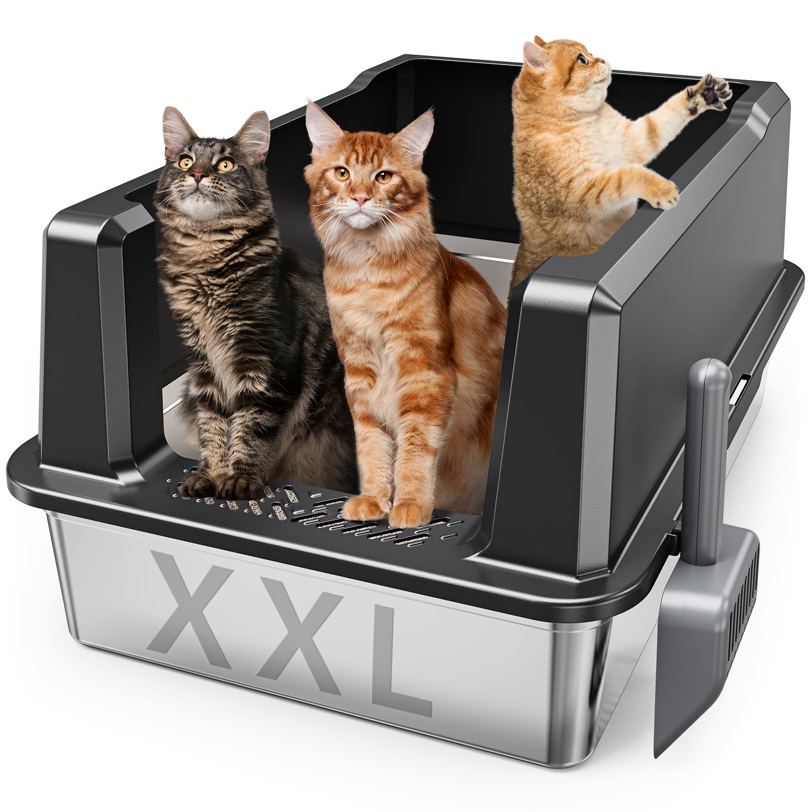 Woofigo Xxl Stainless Steel Cat Litter Box With High Sided, 27.6'' L X 20'' W X 14'' H Extra Large Litter Box For Big Cats And M