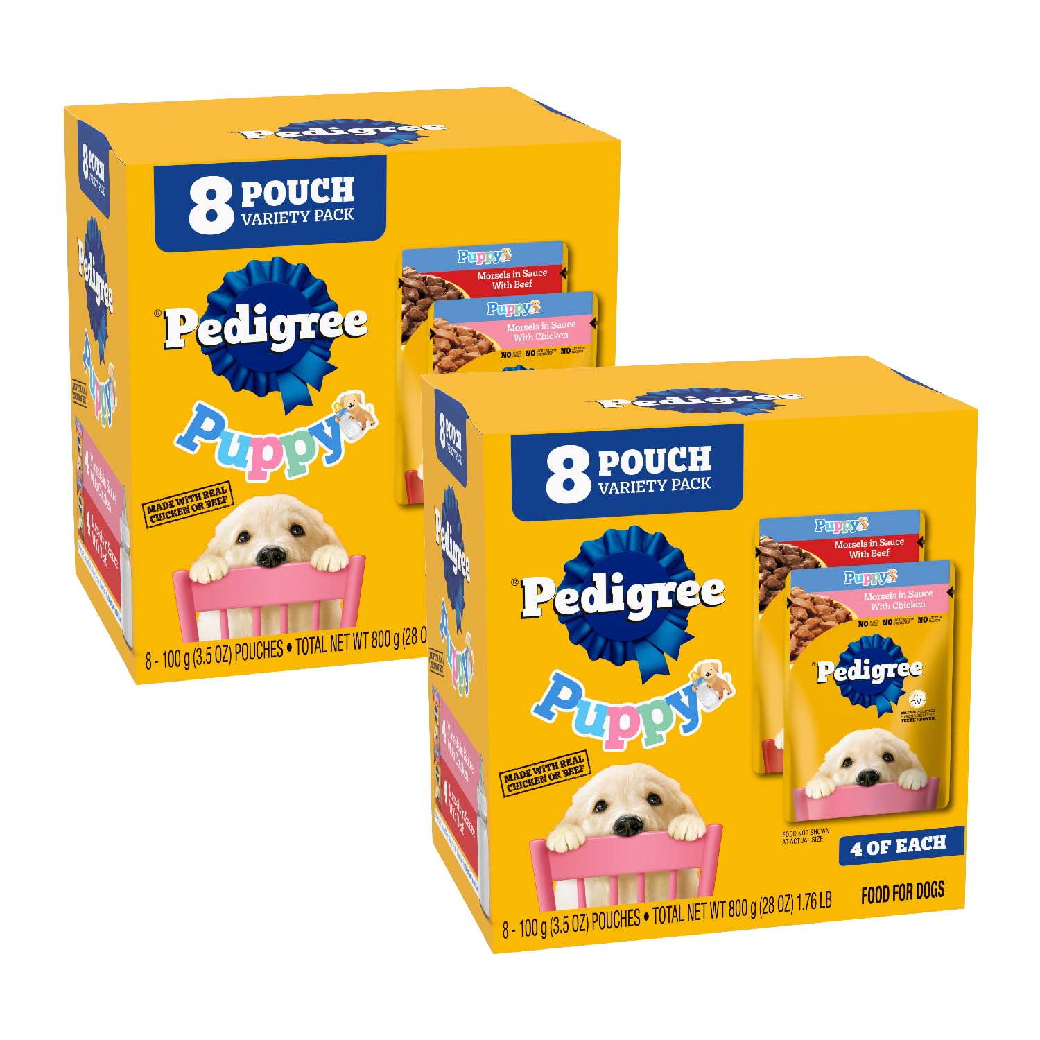 Pedigree Puppy Soft Wet Dog Food, 8-Count Variety Pack, 3.5 oz. Pouches (Pack of 2)
