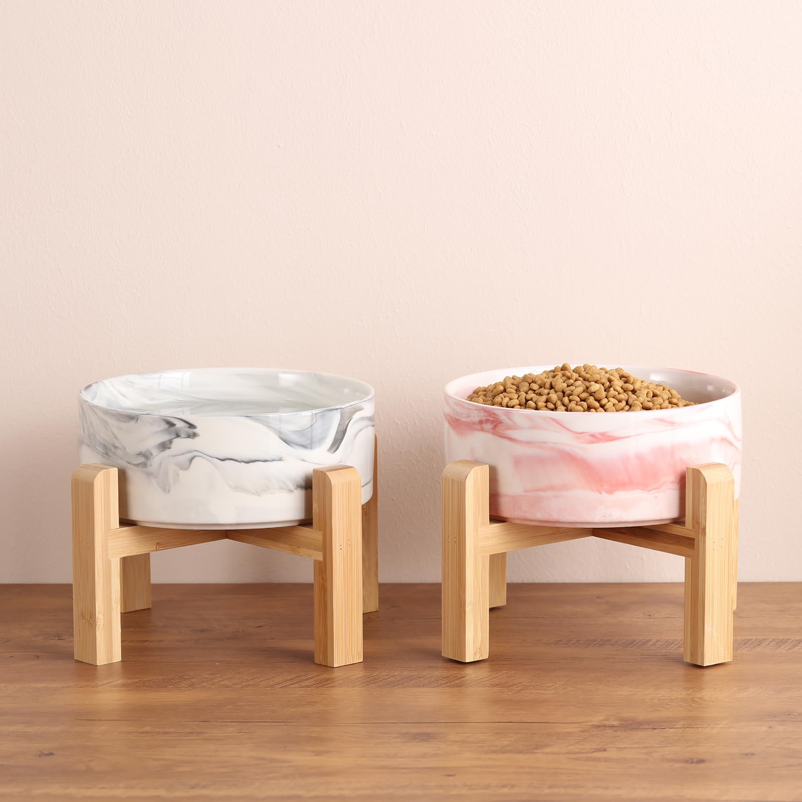 Addogyy Elevated/Raised Dog Bowl Ceramic with Wood Stand for Medium Large Breed,Dog Food Water Dish Heavy Wighted, 8 in Non Slip