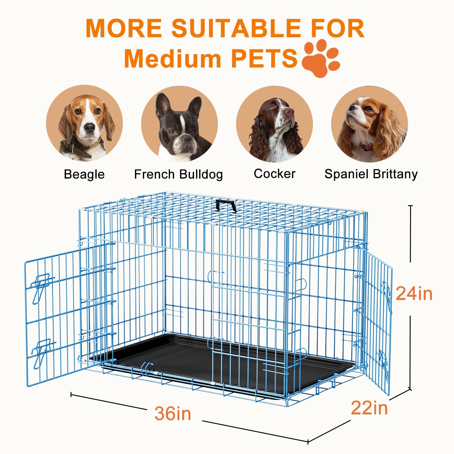 FDW Dog Crate 36inch Dog Cage Foldable Metal Kennel with Leakproof Tray Foldable Design Indoor Outdoor Use for Medium Dogs,Blue