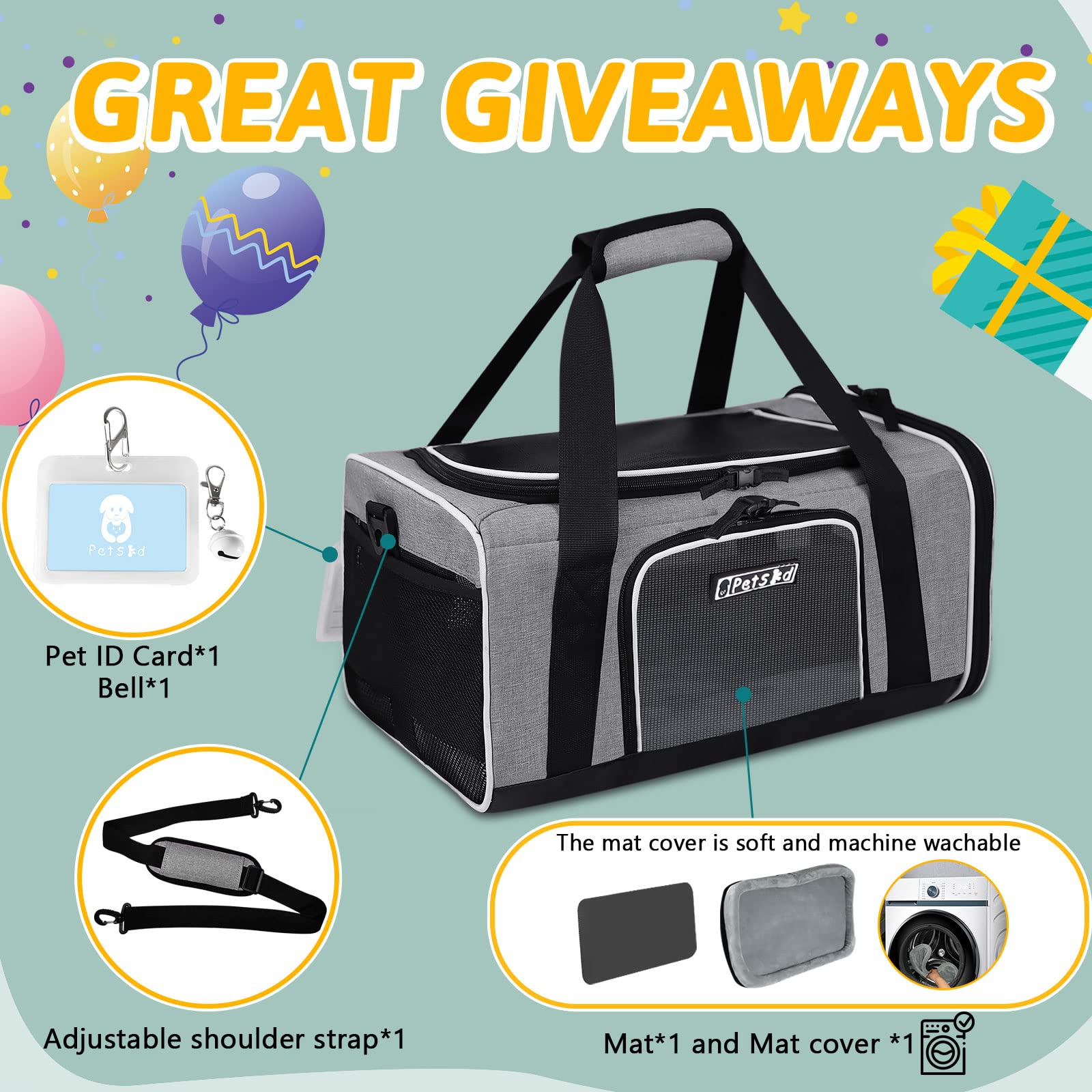 Petskd Pet Carrier 17X11X9.5 Alaska Airline Approved,Pet Travel Carrier Bag For Small Cats And Dogs, Soft Dog Carrier For 1-10 Lbs Pets,Dog Cat Carrier With Safety Lock Zipper(Grey)