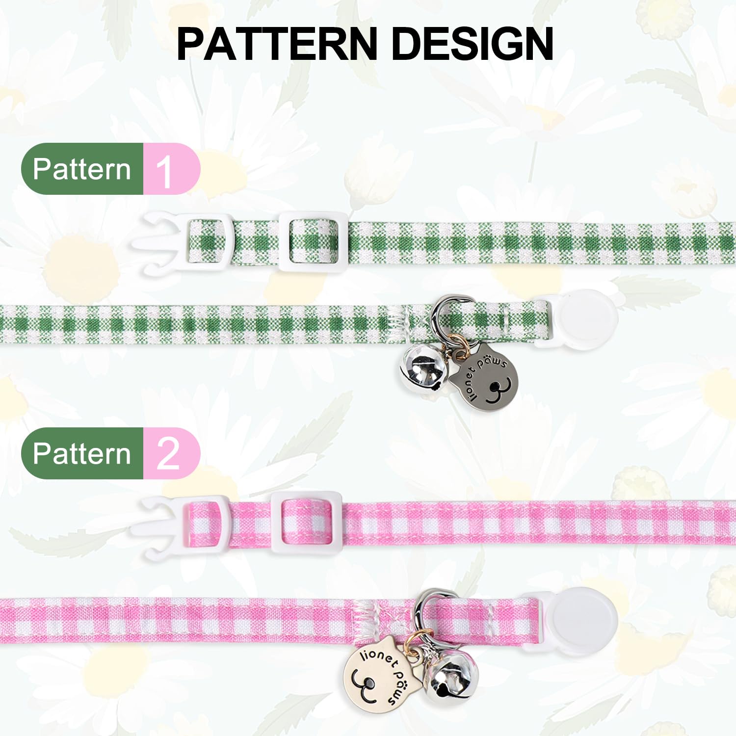 Lionet Paws 2Pcs Pack Cotton Cat Collar,Breakaway Buckle With Green Pink Grid And Brand Pendant Cute Adjustable Cat Kitten Colla