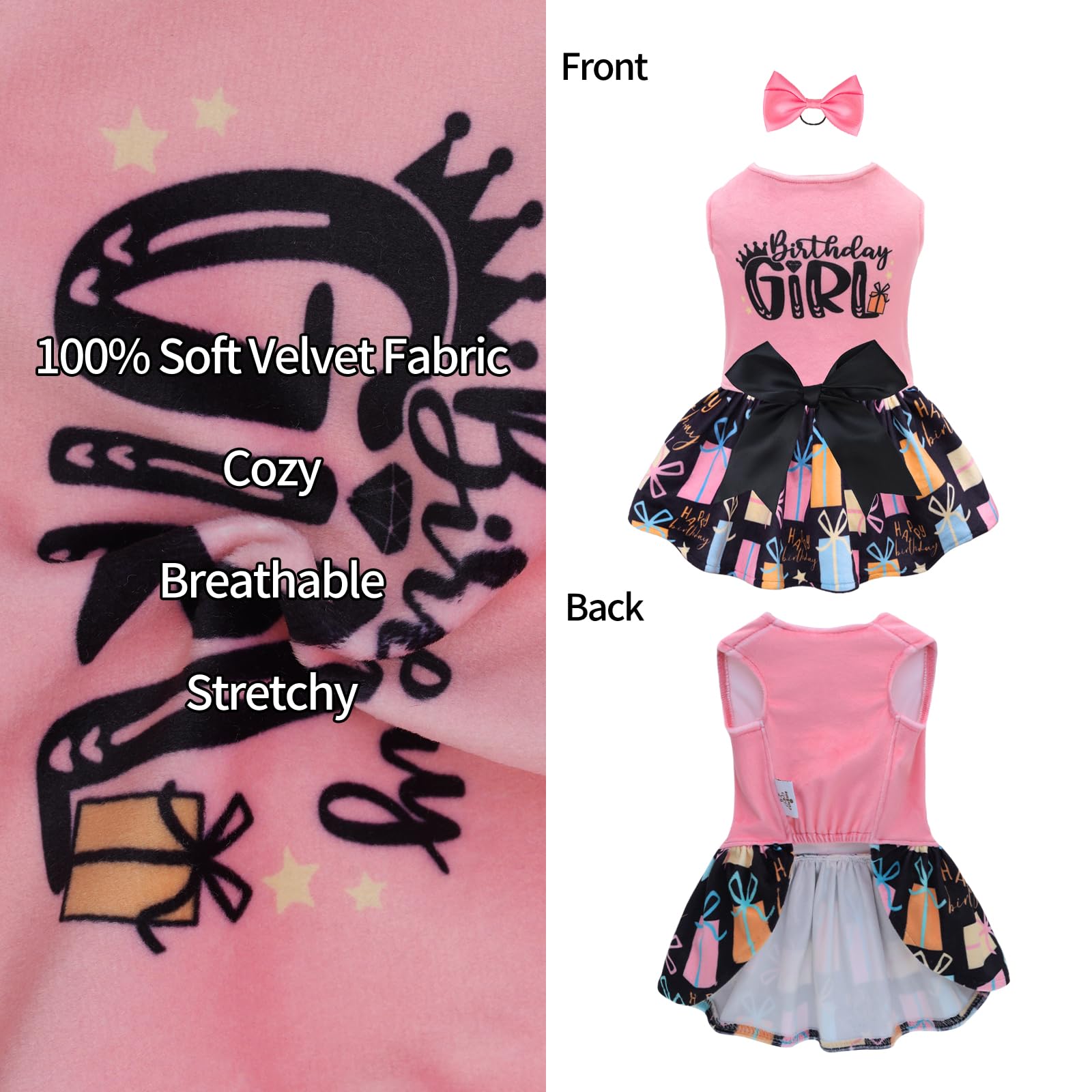 Cutebone Birthday Dog Dresses Velvet Holiday Small Dogs Clothes Onesie Pet Apparel Girl Puppy Skirt With Bow Hair Rope Cva48Xs-D