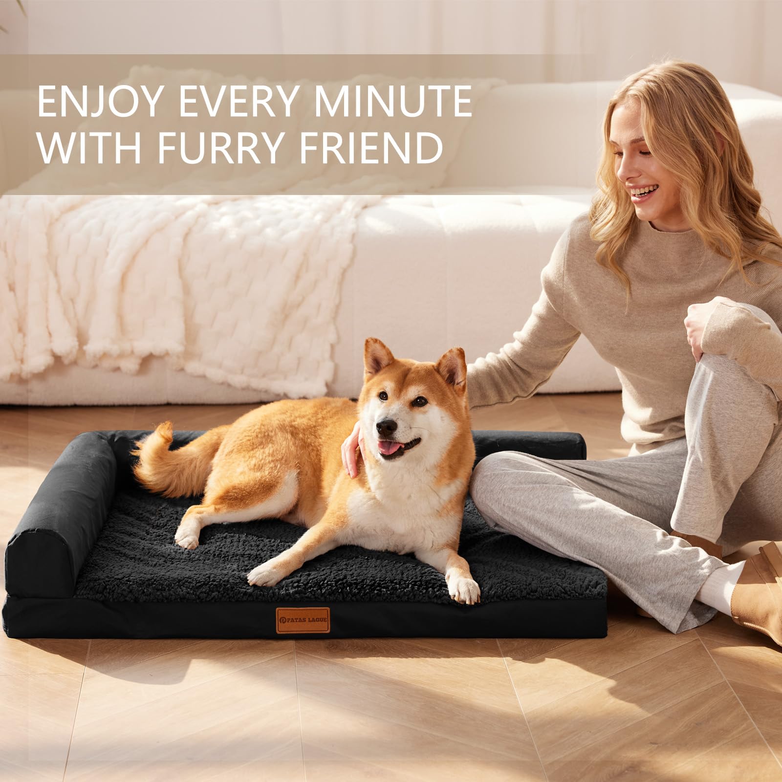 Patas Lague Orthopedic Dog Bed For Large Dogs, Waterproof L Shaped Large Pet Sofa Beds With Removable Washable Cover, Soft Comfo