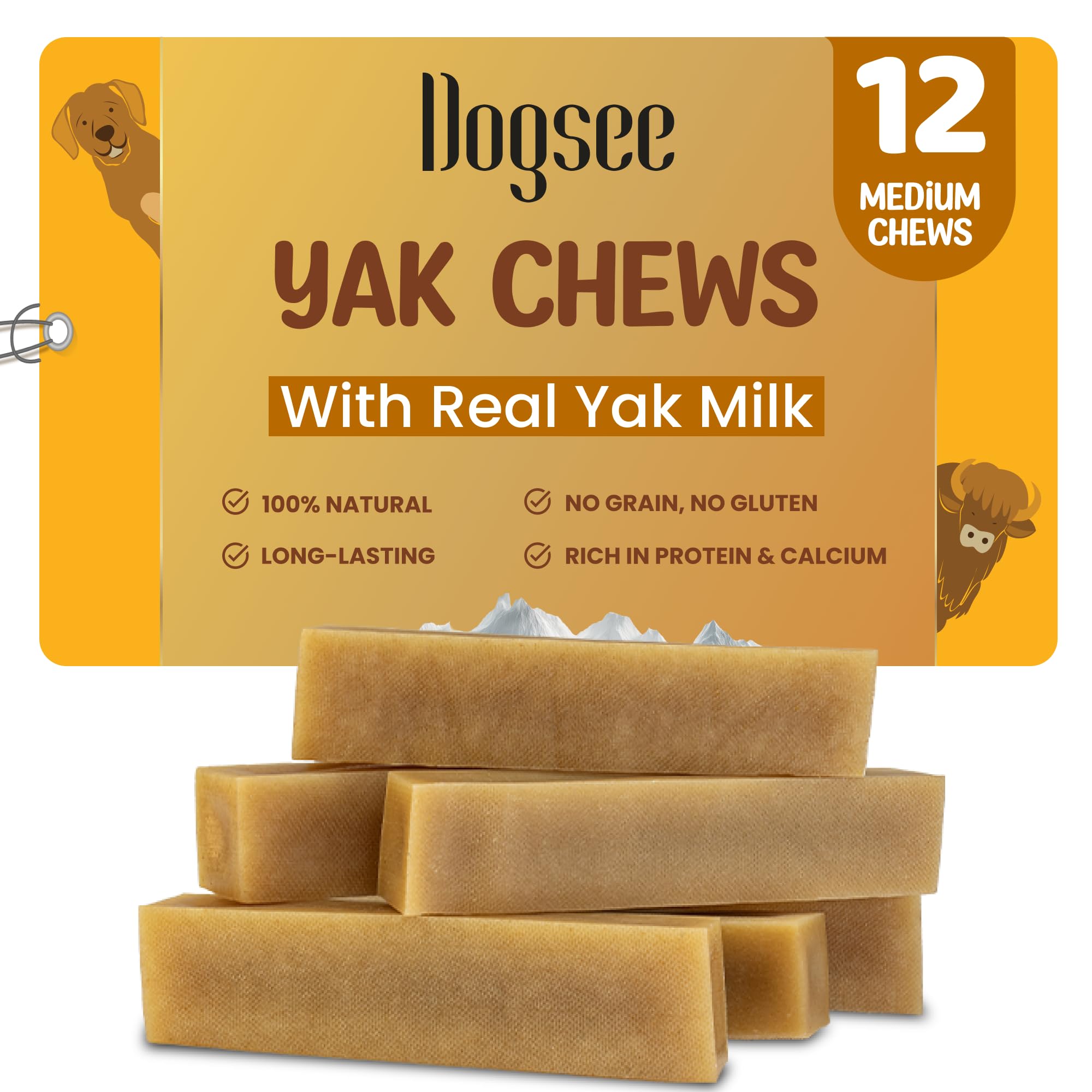 Dogsee Original Himalayan Yak Chews for Dogs 2lb (Medium - 12 Bars) | 100% Natural | Dog Treats Healthy | No Grain, No Gluten | 