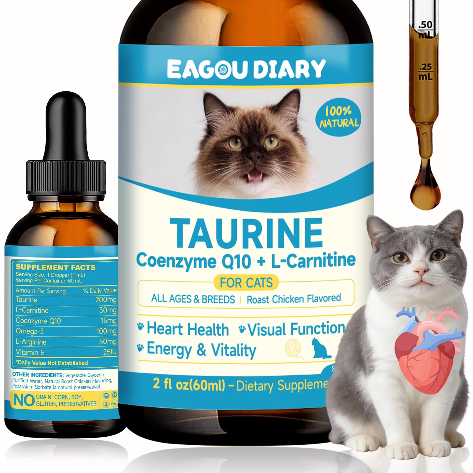 Taurine for Cats Drop - Taurine Supplement for Cats, Supports Feline Heart & Immune Function, Vision, Energy & Vitality, Coenzym
