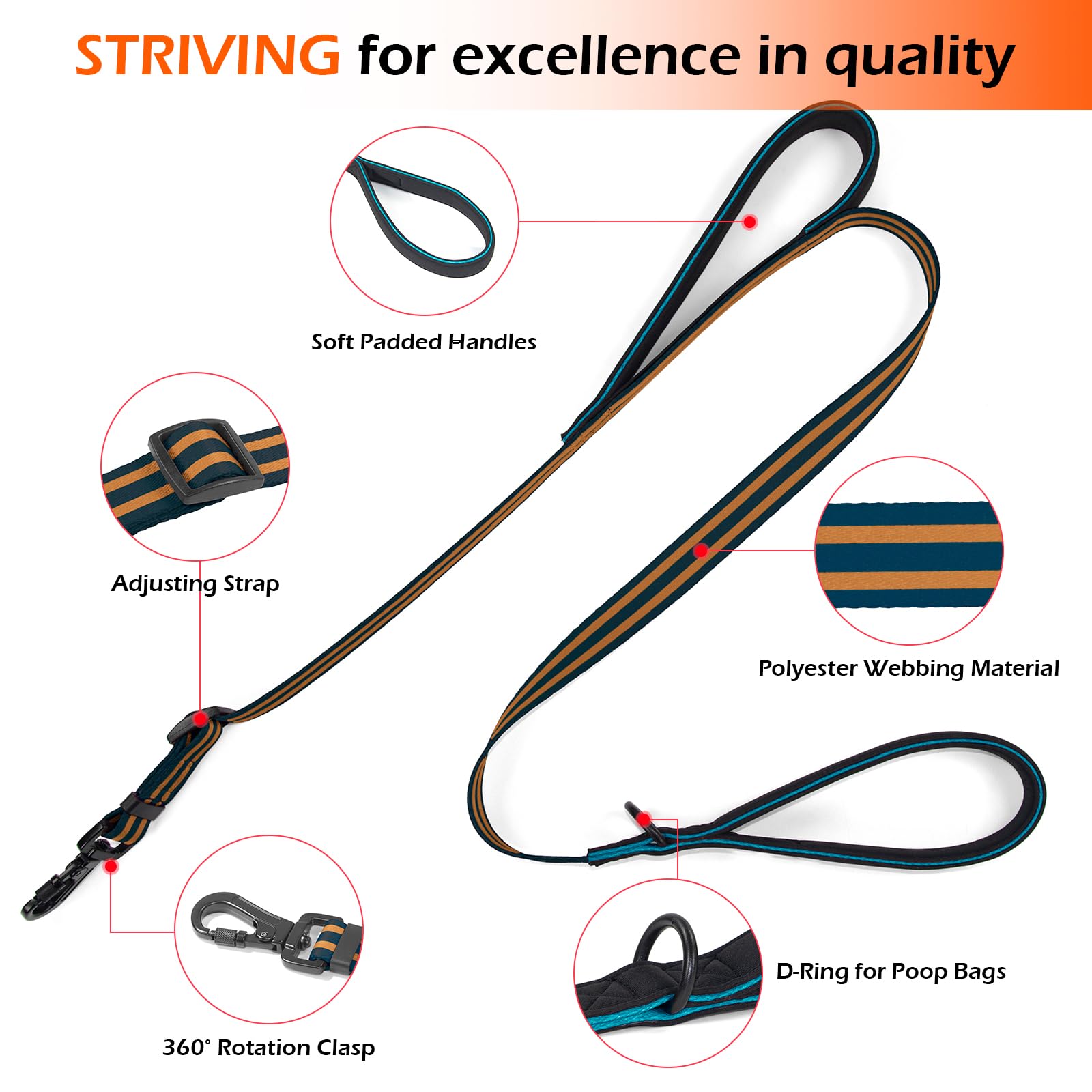 Tiffpaws Adjustable Double Handle Dog Leash, Dual Soft Padded Handles Dog Lead For Traffic Control Heaty Duty Long Leashes Perfe