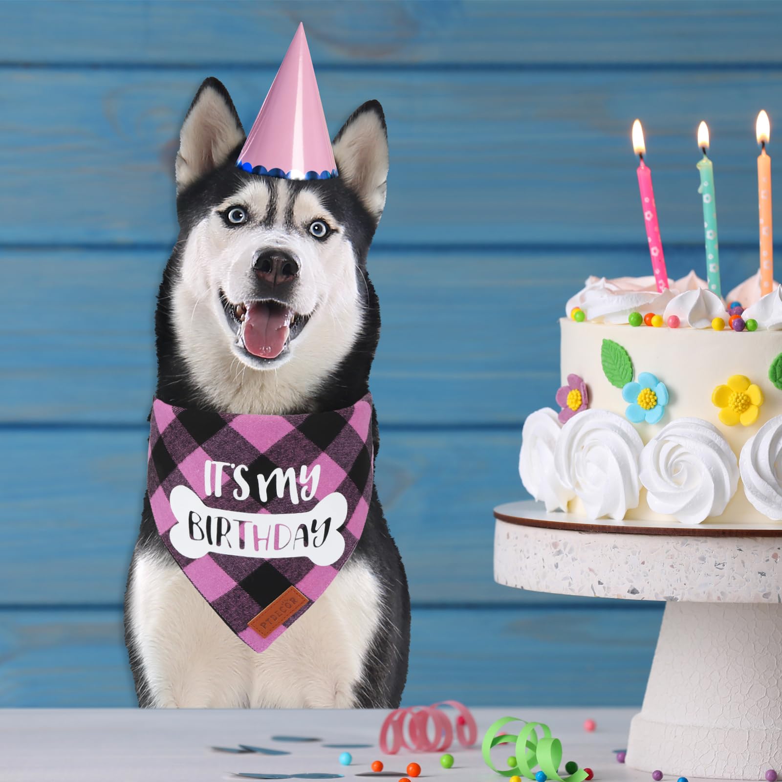PTDECOR Dog Birthday Party Supplies, Its My Birthday Scarf Pink Plaid Girl Bandana for Extra Large Dogs (Pink, X-Large)