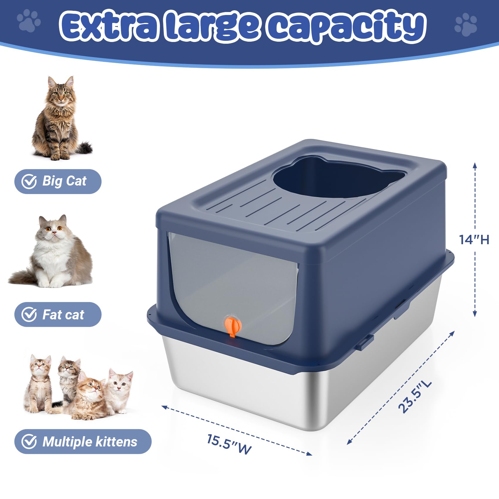 LIHOOOOM Litter Box with Lid, Stainless Steel Litter Box XL, 14 H Metal Cat Box with High Sides Wall Enclosure, Cat Pan, Non-Sti