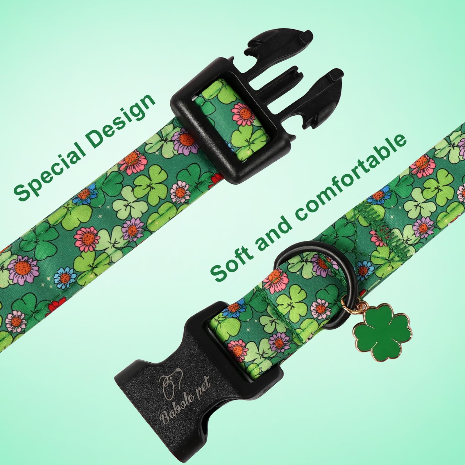 Babole Pet St Patricks Day Dog Collar, Lucky Clovers Dog Collar with Quick Release Plastic Buckle, Cute Shamrock Dog Collars for