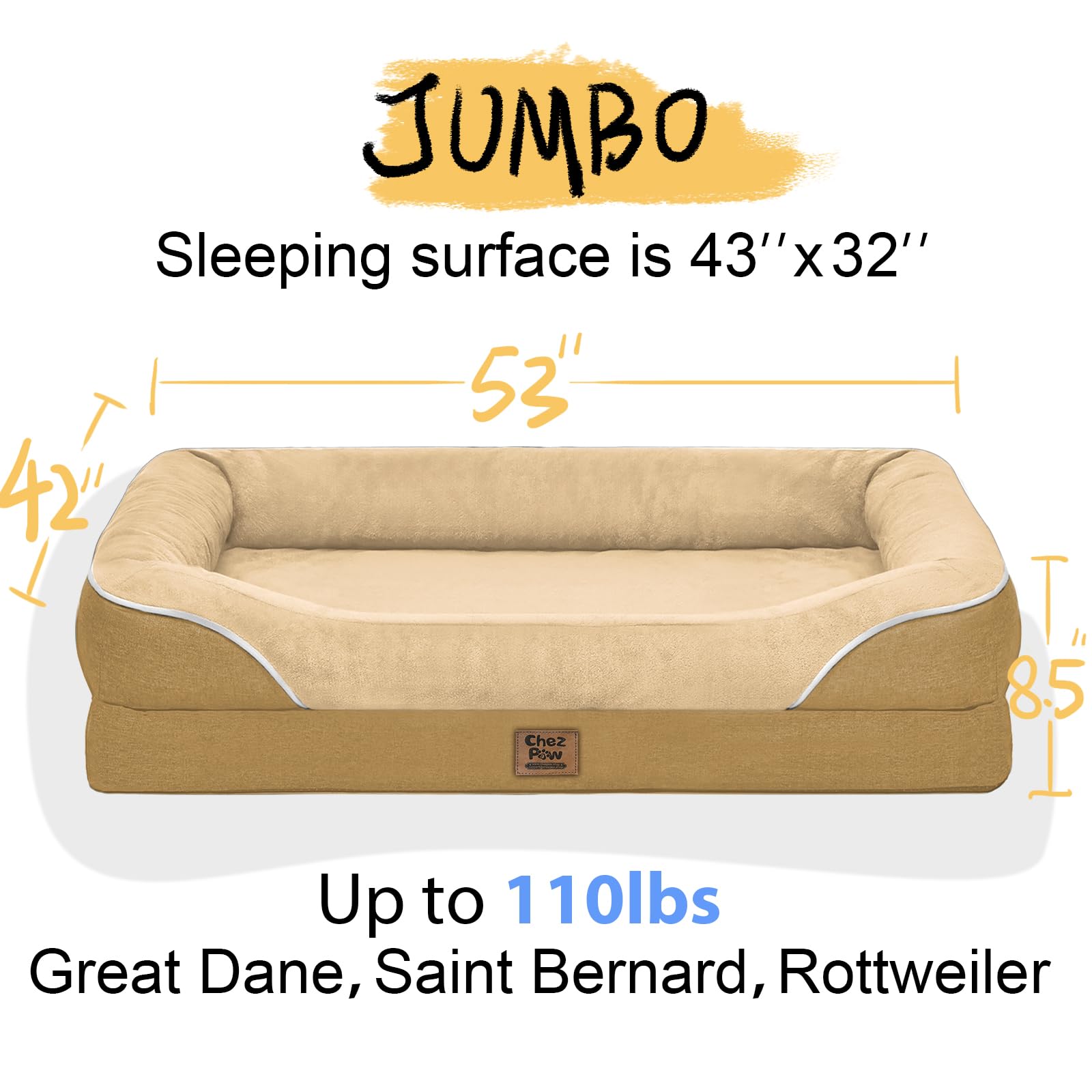 Washable Orthopedic Large Dog Bed - Xl Large Dog Bed With Removable Bolsters Cover Foam Support Big Dogs Beds Non-Slip Bottom &