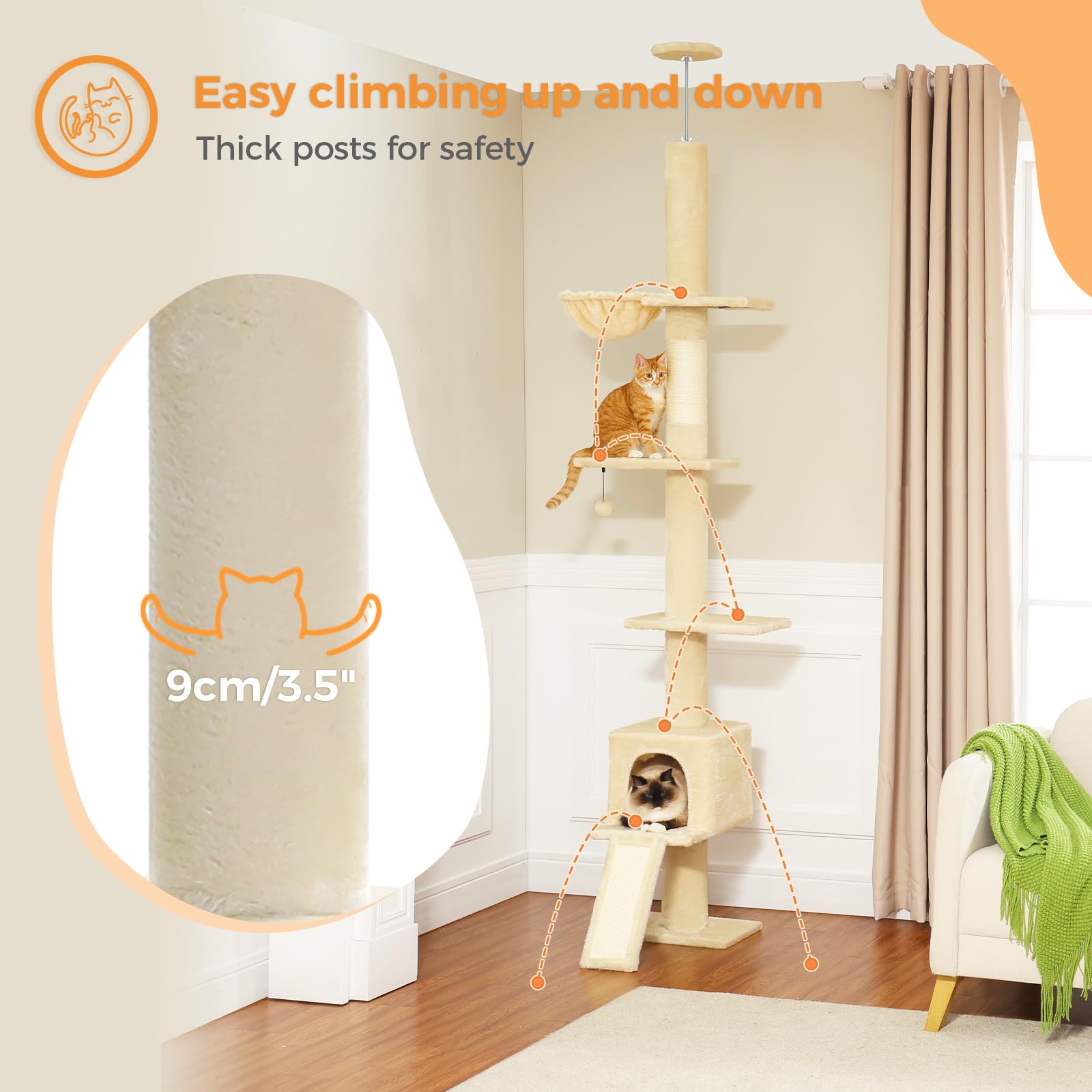 Pequlti Cat Tree Floor To Ceiling, Tall Cat Tower, Adjustable Height (83'-108') 5 Tiers Climbing Tree For Indoor Cats With Cat