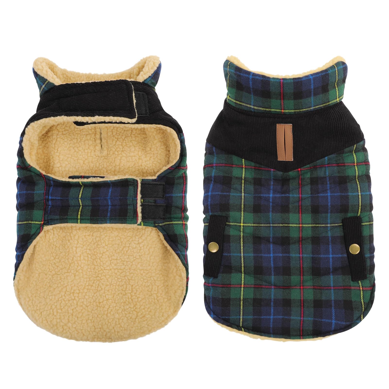 Queenmore Warm Dog Jacket For Cold Weather, Quilted Puffer Plaid Coat With Waterproofing, Fleece Padding, Leash Hole - Small/Med