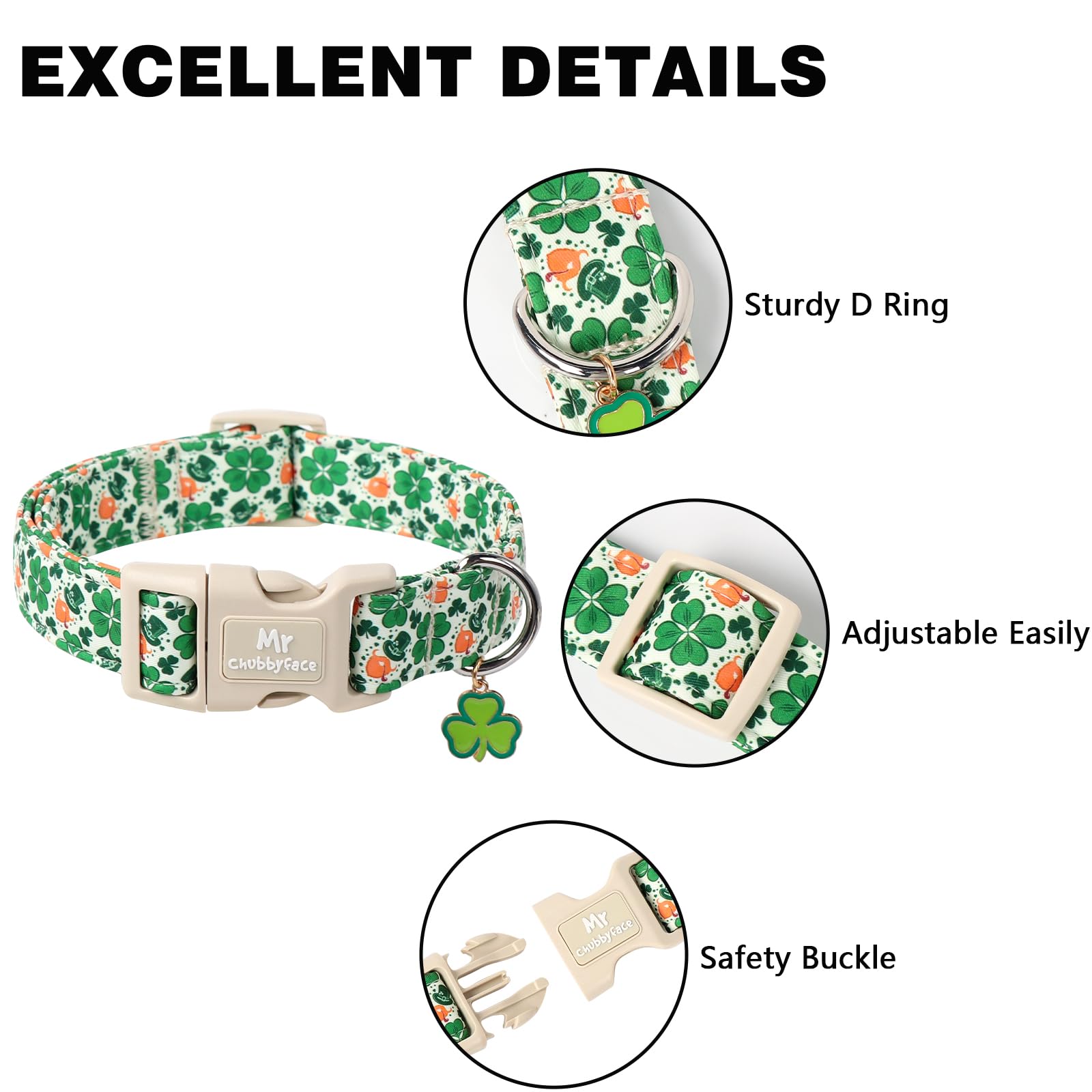 Mr.Chubbyface St. Patrick'S Dog Collar,Green Clover Lucky Shamrock Pet Collar With Quick Release Buckle, Durable Adjustable Spri