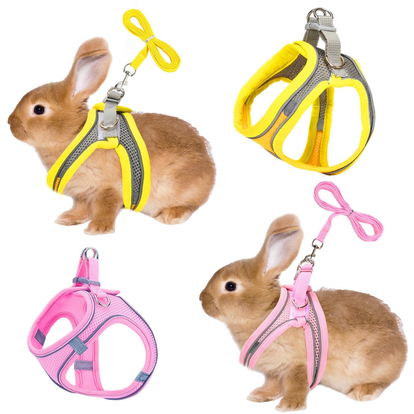 Petknows 2 Pack Rabbit Harness And Leash Set, Double Buckle Bunny Harness With Reflective Strips Soft Breathable Mesh Vest Harne