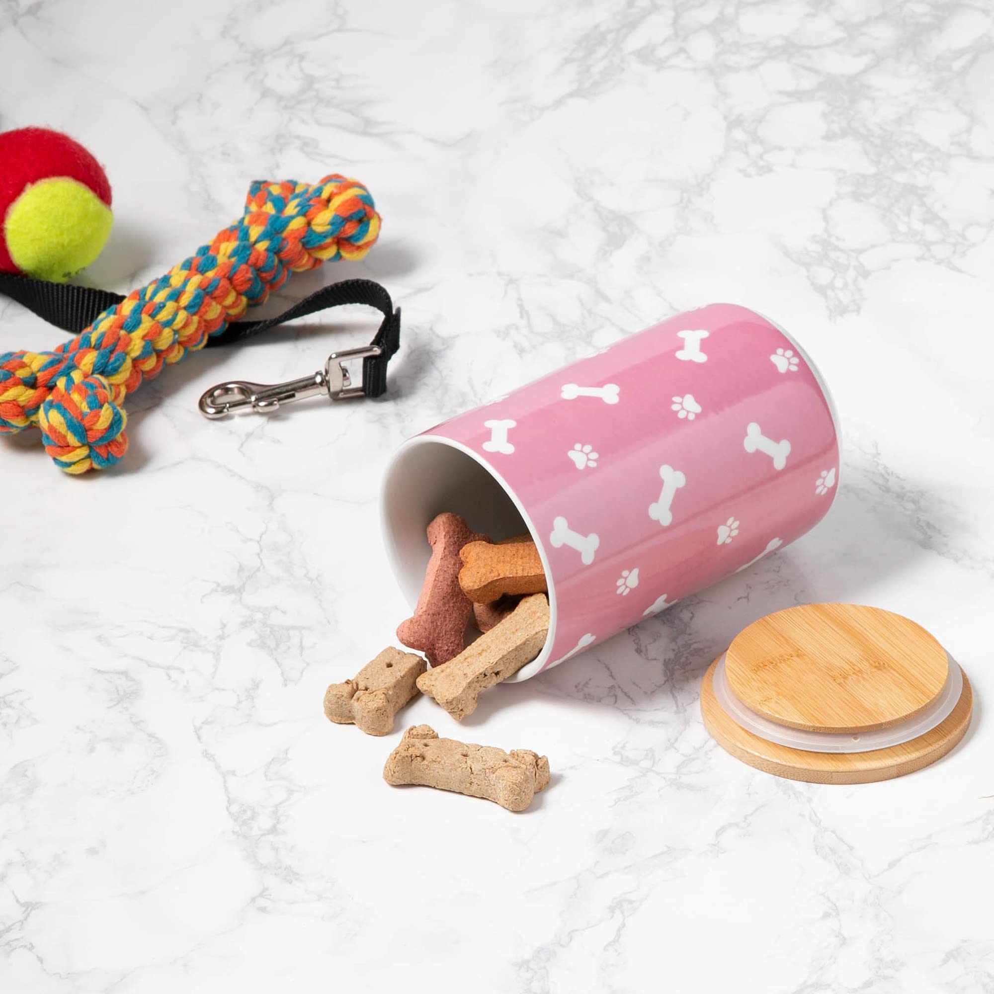 Bone Dry Ceramic Canister for Pet Treats Bamboo Twist to Close Lid, Dishwasher Safe, Keep Dog & Cat Food Safe and Dry, Treat Jar