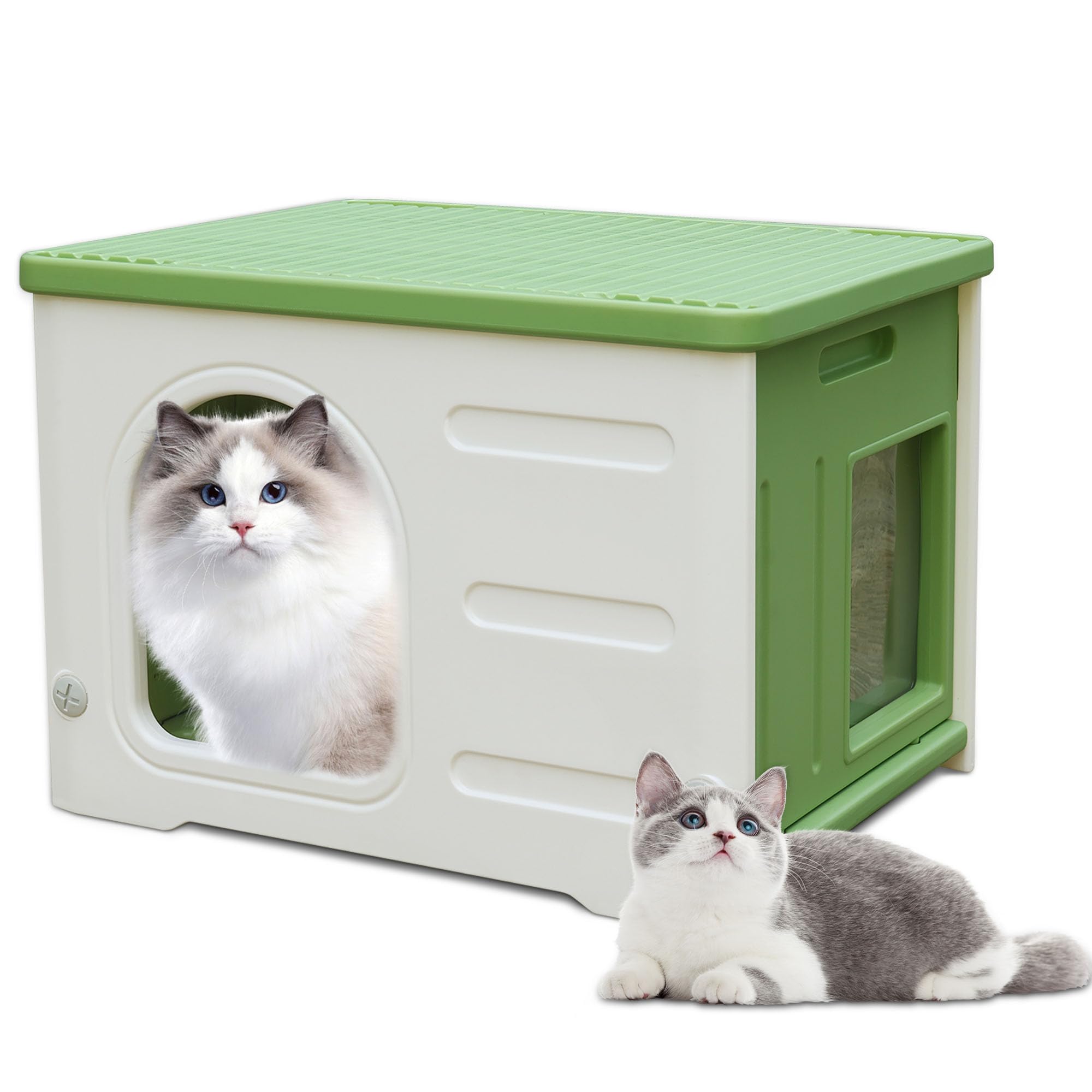Deblue Plastic Cat House For Indoor & Outdoor, Waterproof Feral Cat House With Escape Door, Sturdy Pet Shelter For Cats, Puppy, 