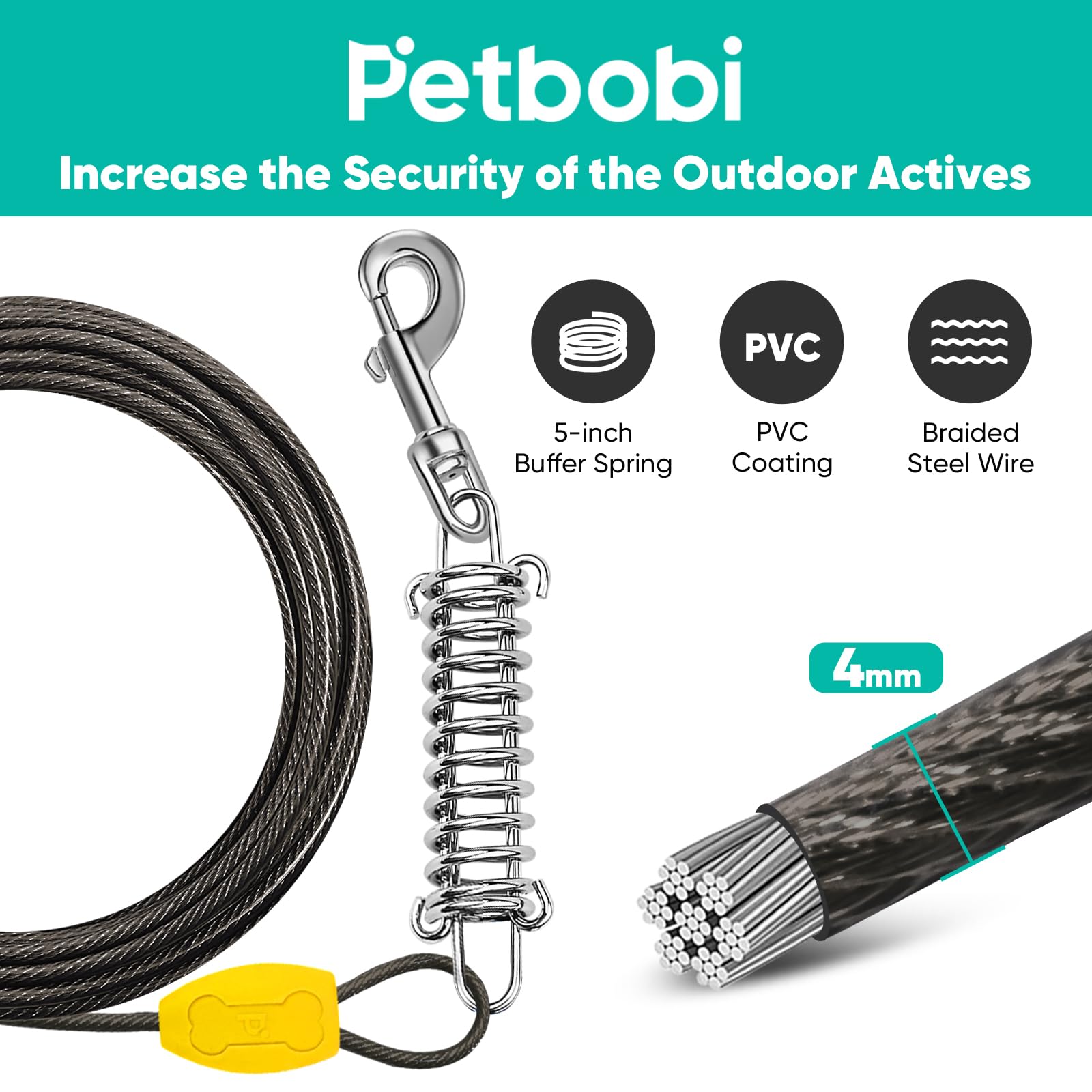 Petbobi Dog Tie-Out Cable And Stake - 10Ft Heavy Duty Cable With Spring, No Tangle, 16In Ground Stake, Ideal For Yard, Camping A