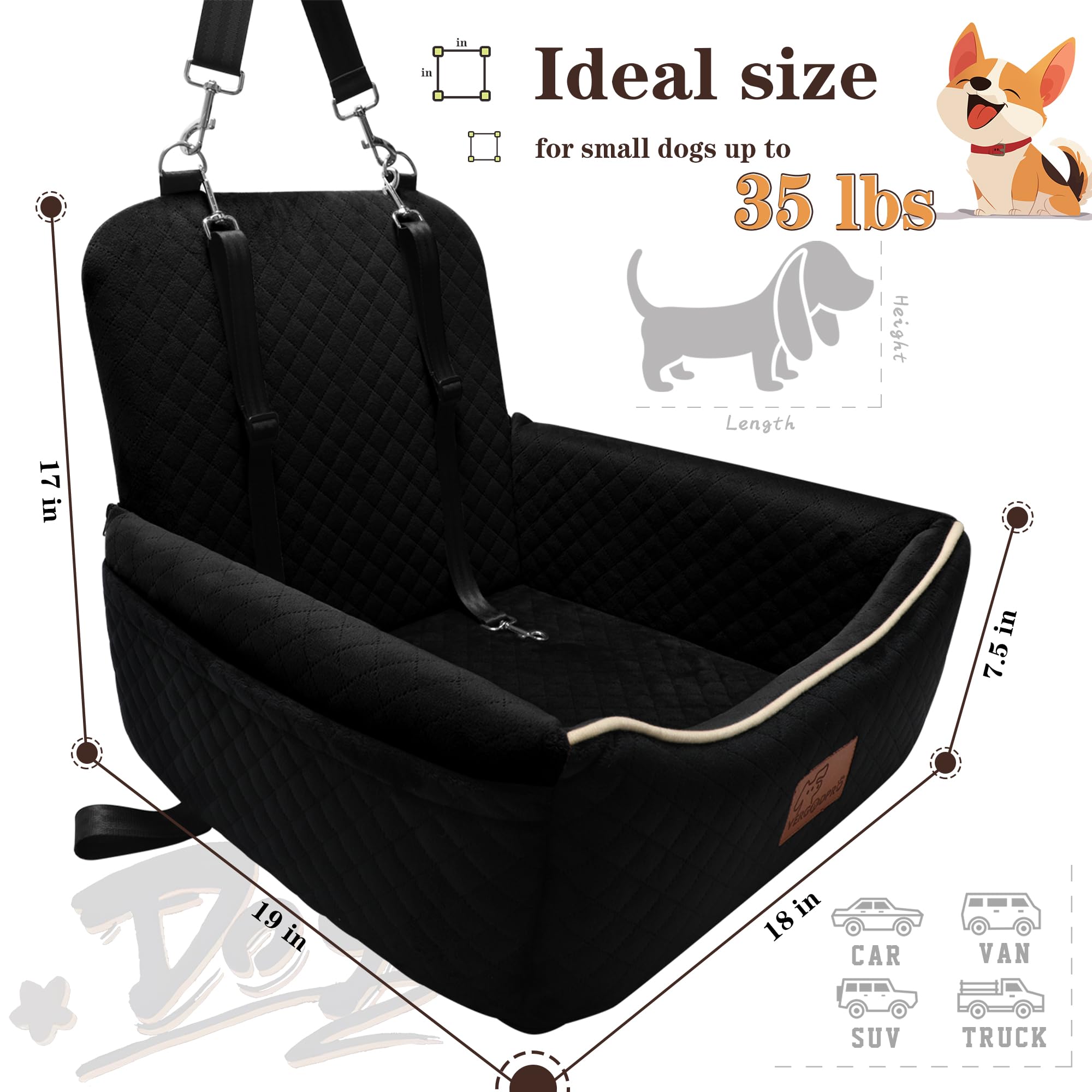 Dog Car Seat Bed 2 in 1 for Small/Medium Dogs up to 35 lbs,Adjustable Safety Leashes,Memory Foam with Soft Fabric Pets Travel Ca