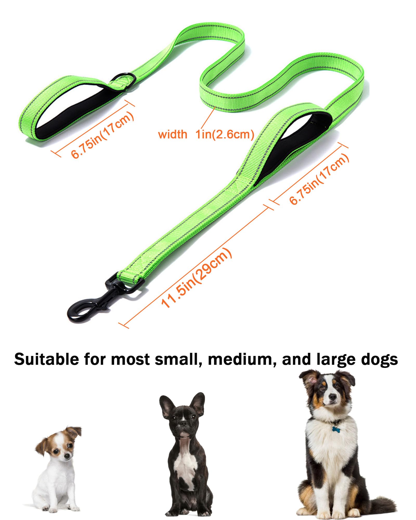 Solmoony 6Ft Green Strong Dog Leash With 2 Padded Handles, Traffic Handle Extra Control, Double-Sided Reflective Walking Lead Fo