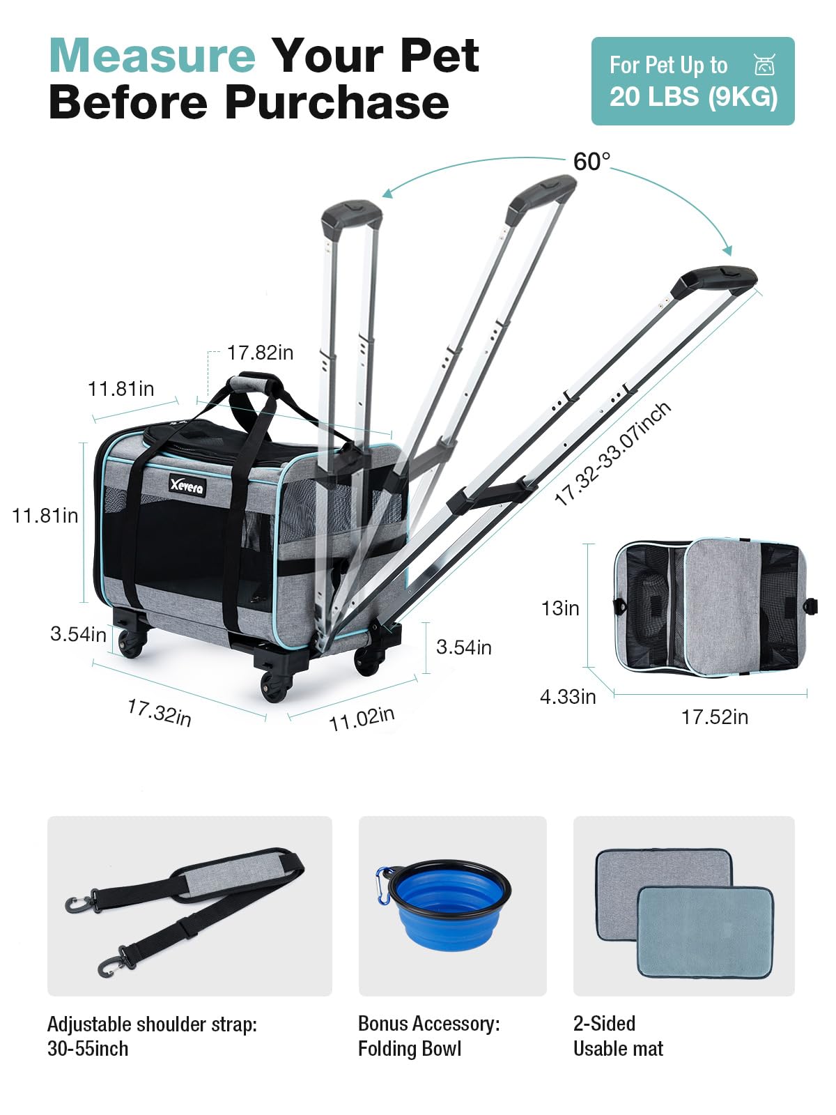 Xevera Cat Dog Carrier With Wheels Airline Approved Rolling Pet Carrier With Telescopic Handle, Shoulder Strap And Pet Bowl, Bla