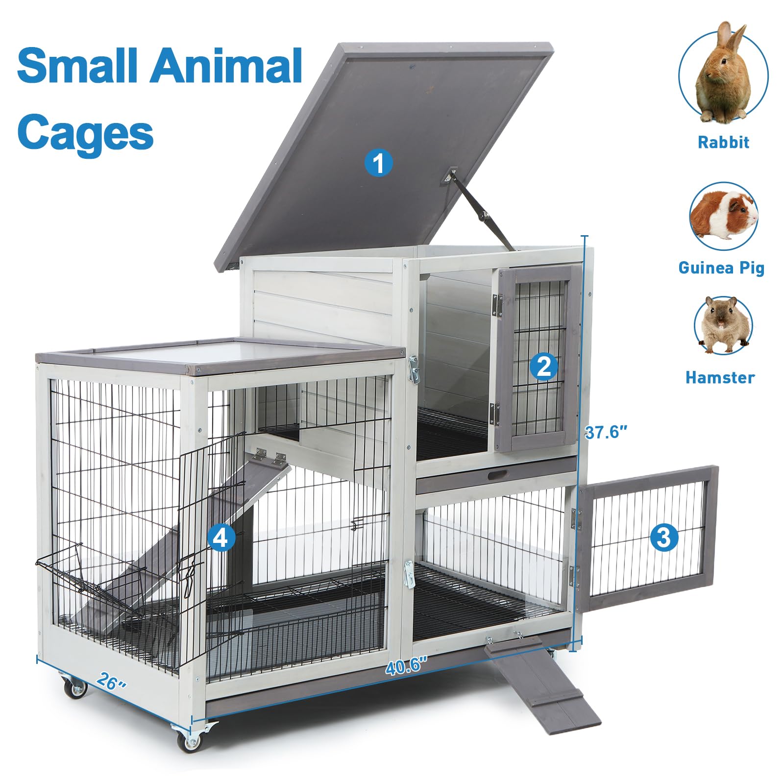 Funxplore Rabbit Hutch Indoor 2 Storey Bunny Cage Outdoor Mobile Guinea Pig Cage Urine Baffles Bottom Wire Floor 2 Trays Metal F