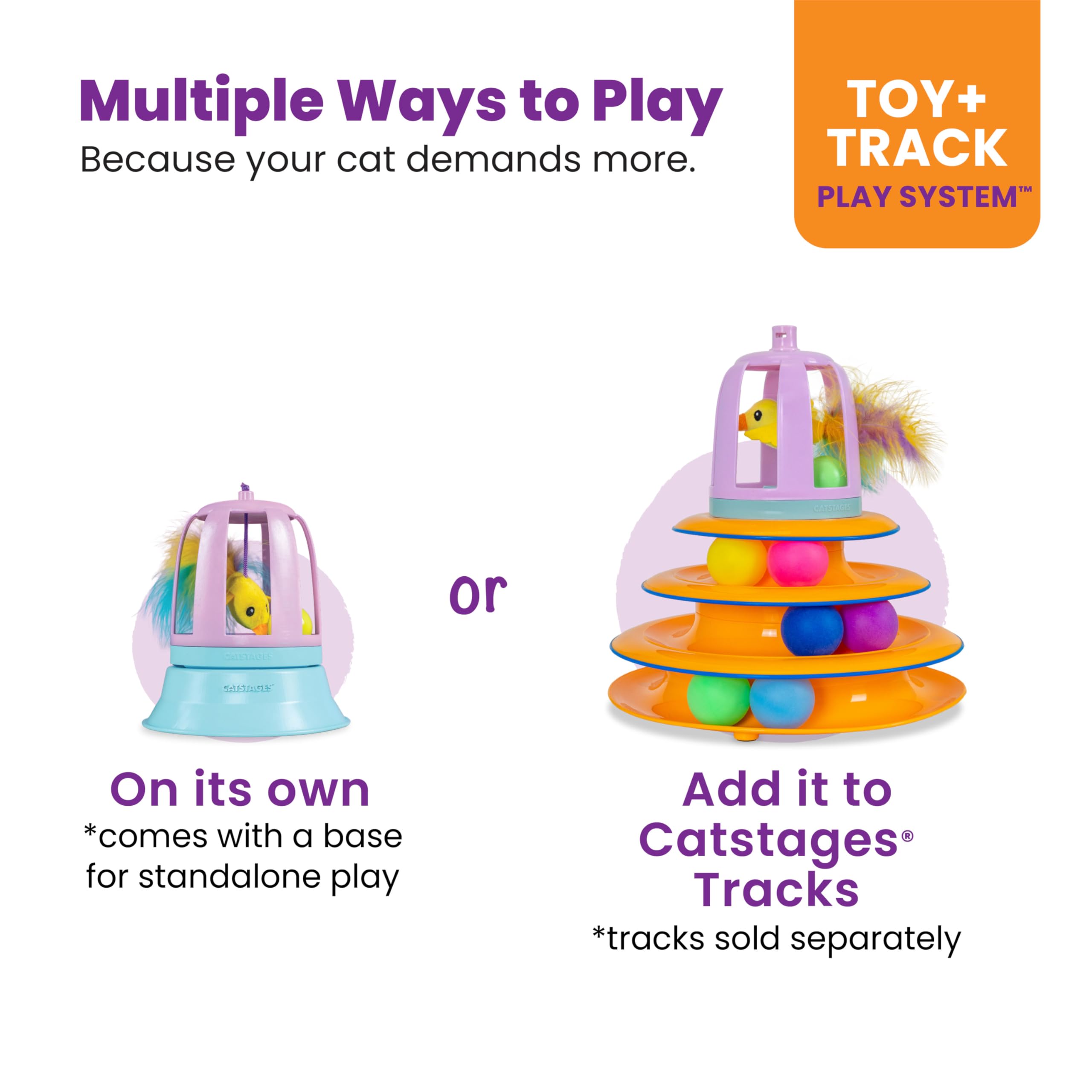 Catstages 2-in-1 Chirping Bird Toy and Cat Track Topper with Inner Ball Track, Purple