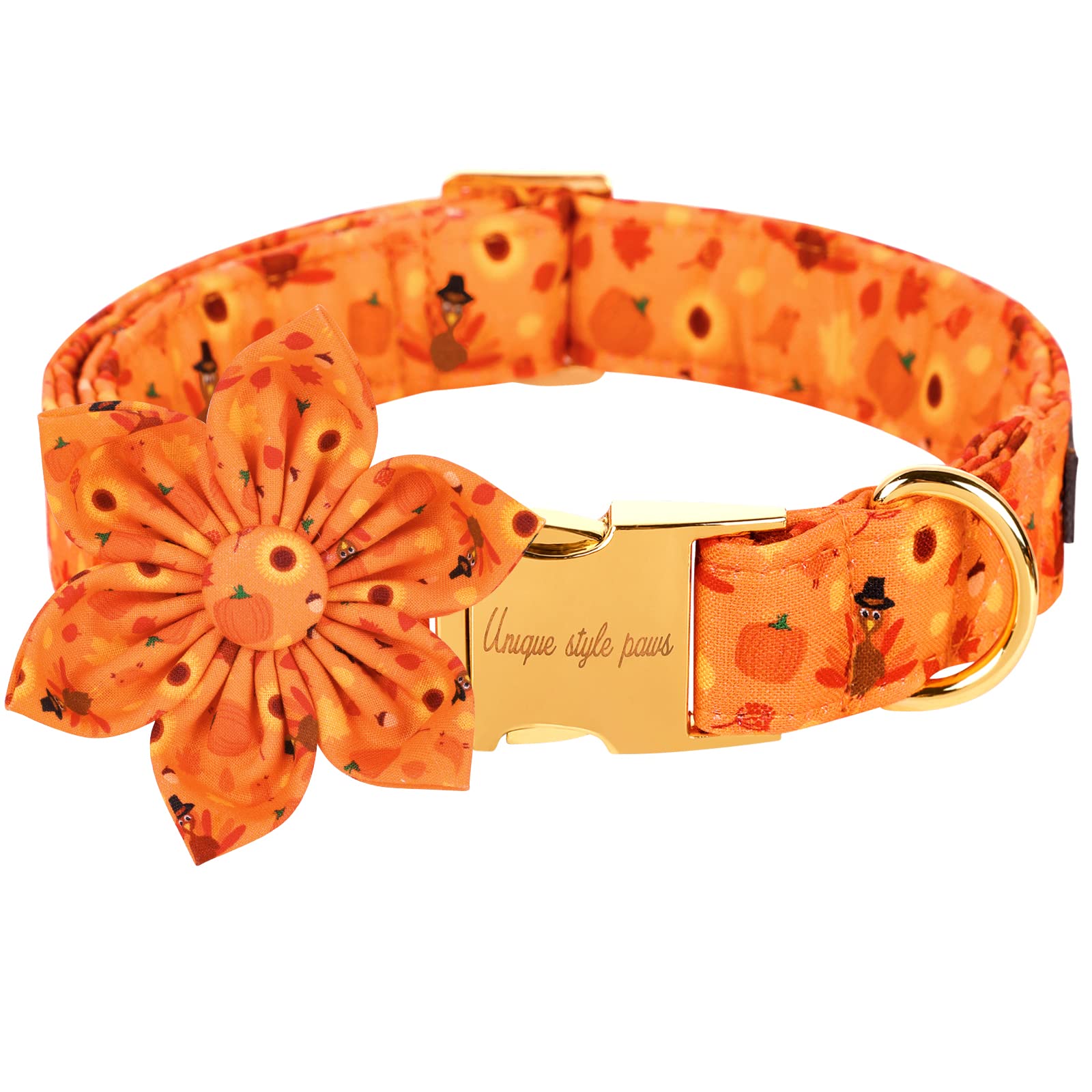 Unique Style Paws Halloween& Dog Collar With Flower Tie Pumpkin Cotton Collar Adjustable Puppy Collar Best Thanksgiving Gift For Small Medium Large Dogs-Turkey & Pumpkin Theme-Xl