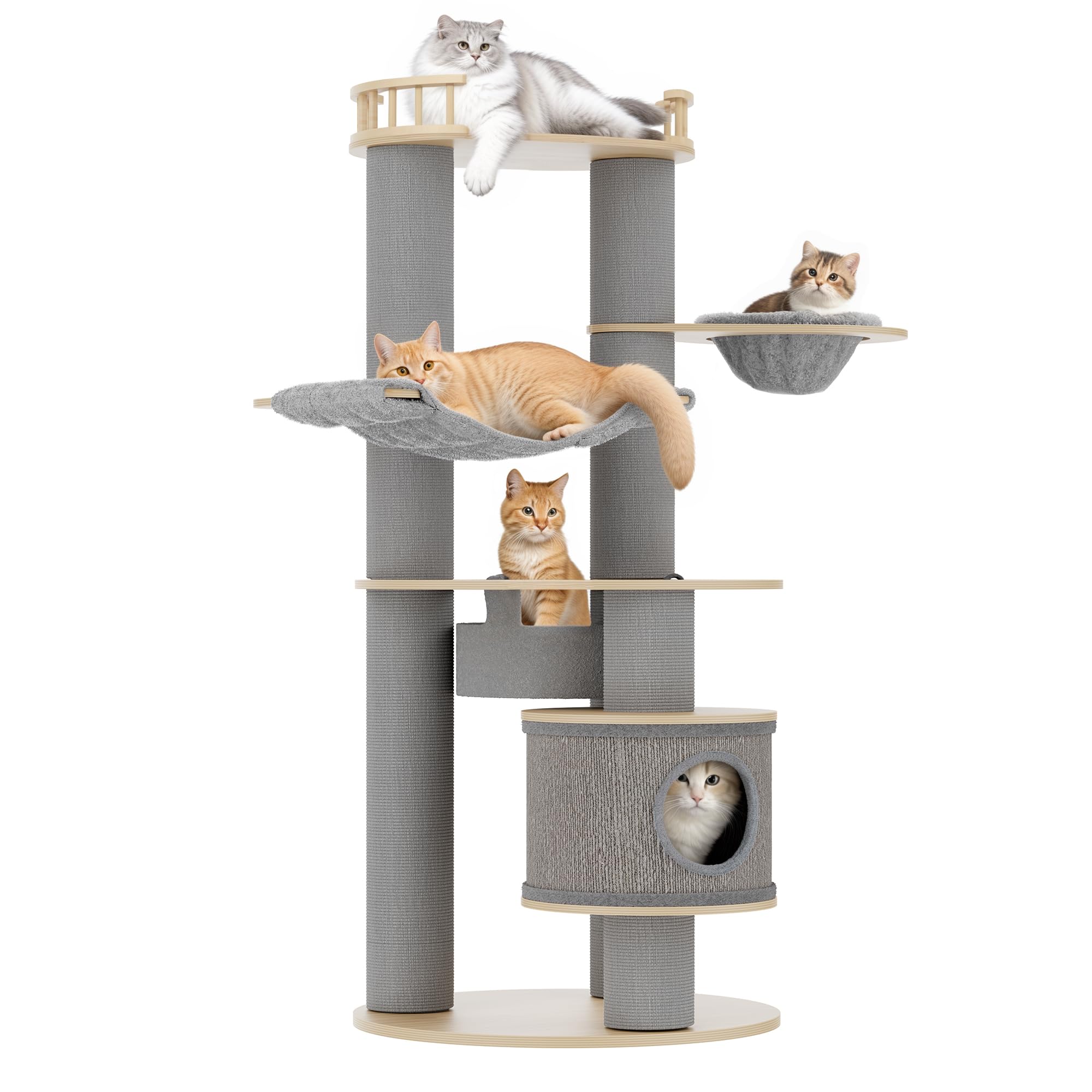 Kamaboko 66'' Extra Large Cat Tree, Tall Cat Tree - 5 Levels Wood Cat Tower W/Cat Condo, Hammocks & Hanging Basket For 2 Cats
