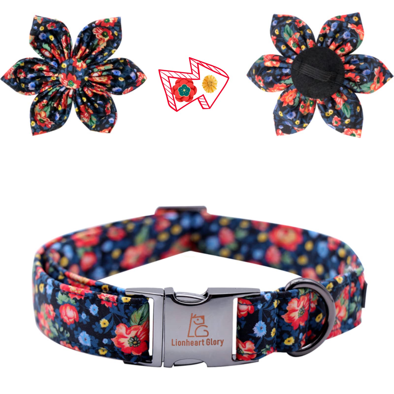 Lionheart Glory Dog Collar, Dog Collar with Flower, Cute Floral Pattern Pet Collar Adjustable Dog Collar for Medium Dogs