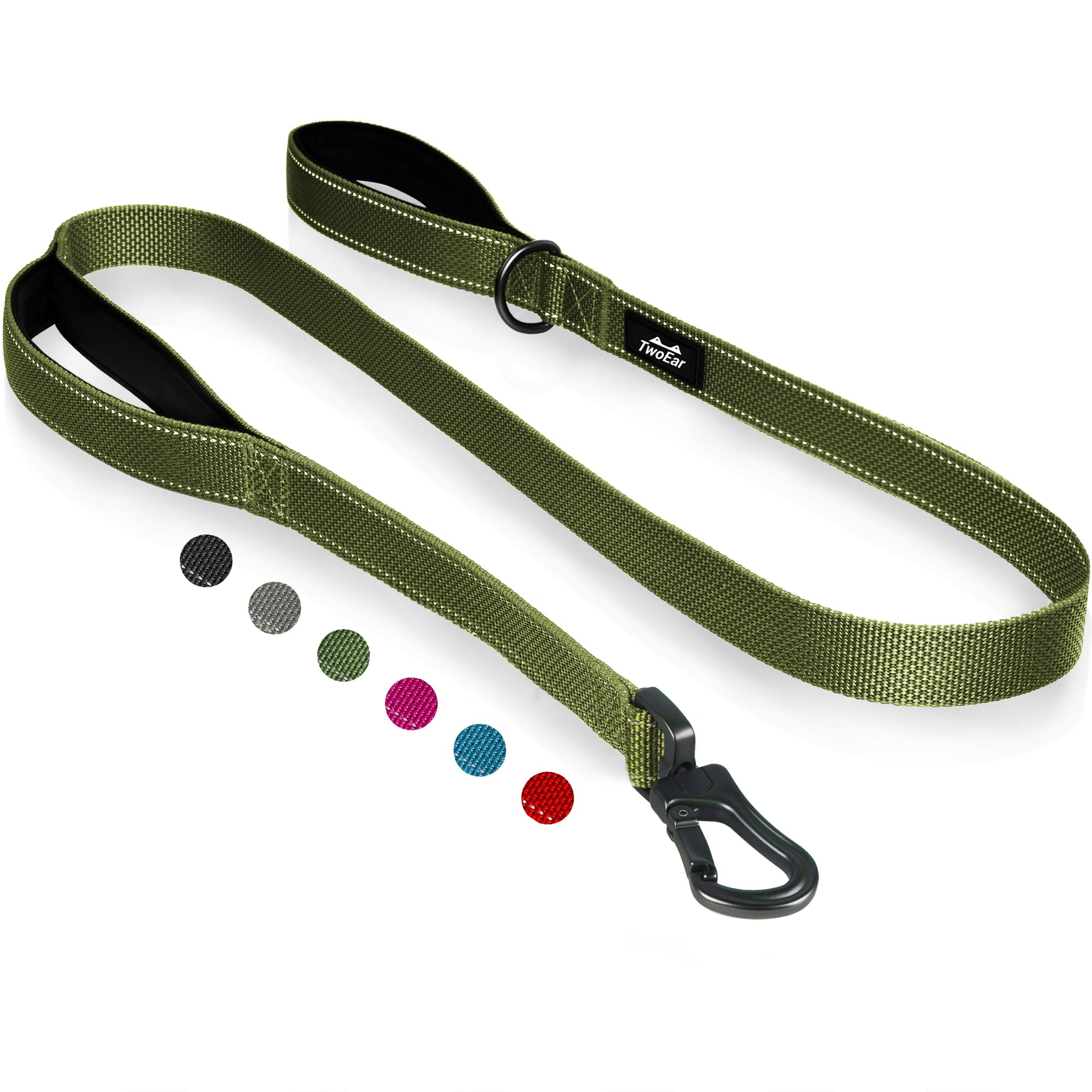 TwoEar 6FT Green Dog Leash - 1IN Strong with 2 Padded Handles, Traffic Control, Reflective, Auto Lock Hook for Small to Large Dogs