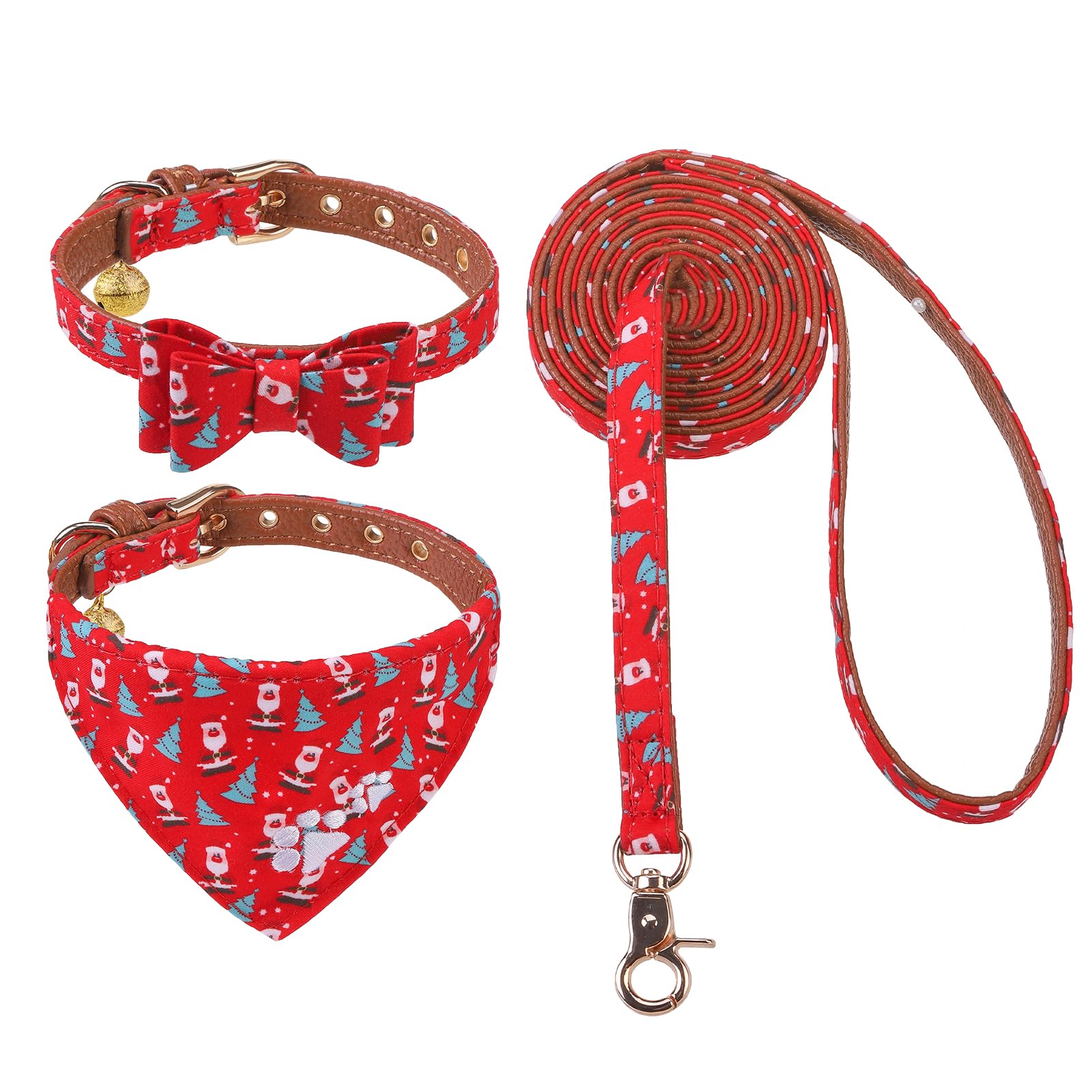 Expawlorer Christmas Collar And Leash Set - Embroidery Pawprints With Bow Tie, Bandana, Bell For Dogs Cats Outdoor Walking, Red 