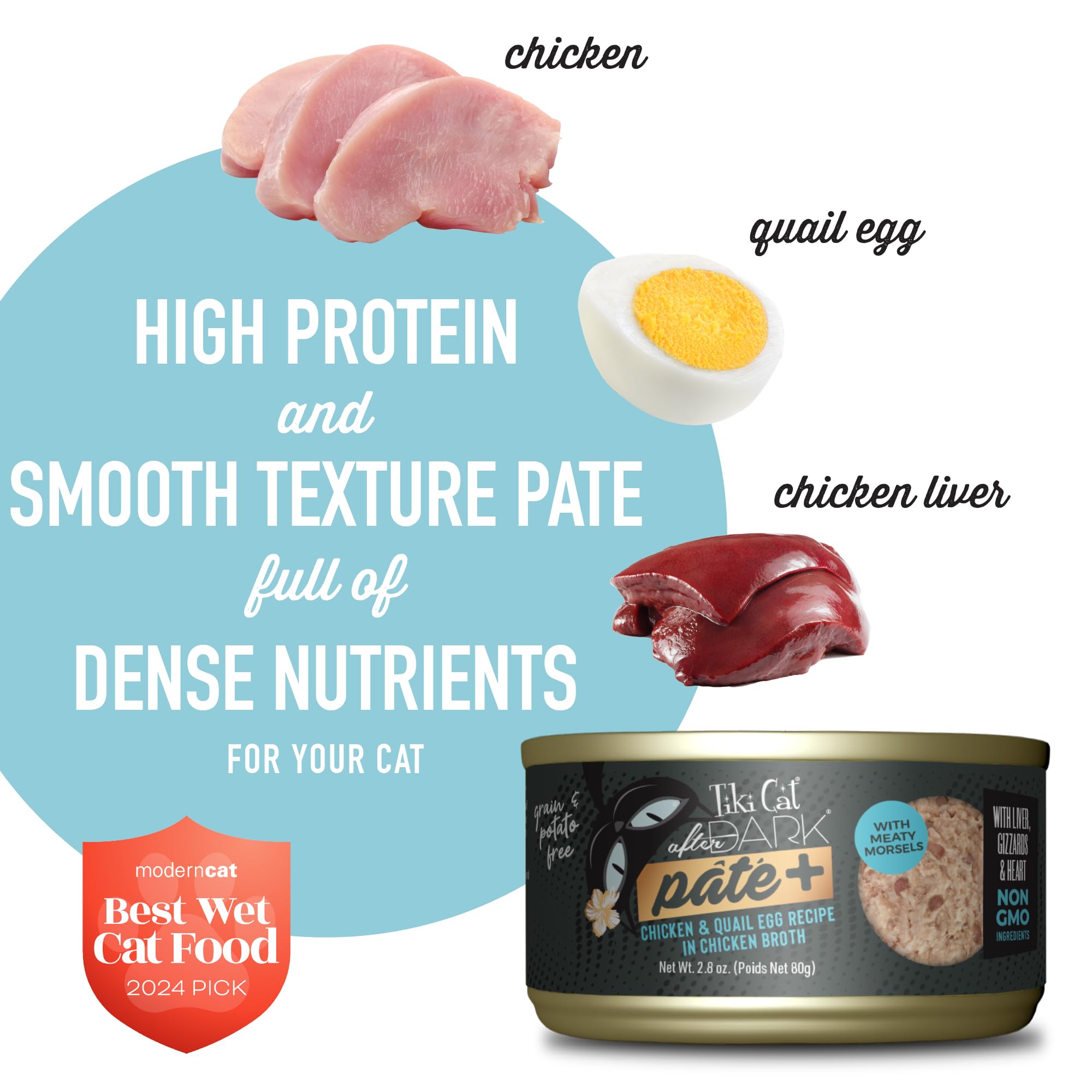 Tiki Cat After Dark Pate+, Chicken & Quail Egg, High-Protein and 100% Non-GMO Ingredients, Wet Cat Food for Adult Cats, 2.8 oz.