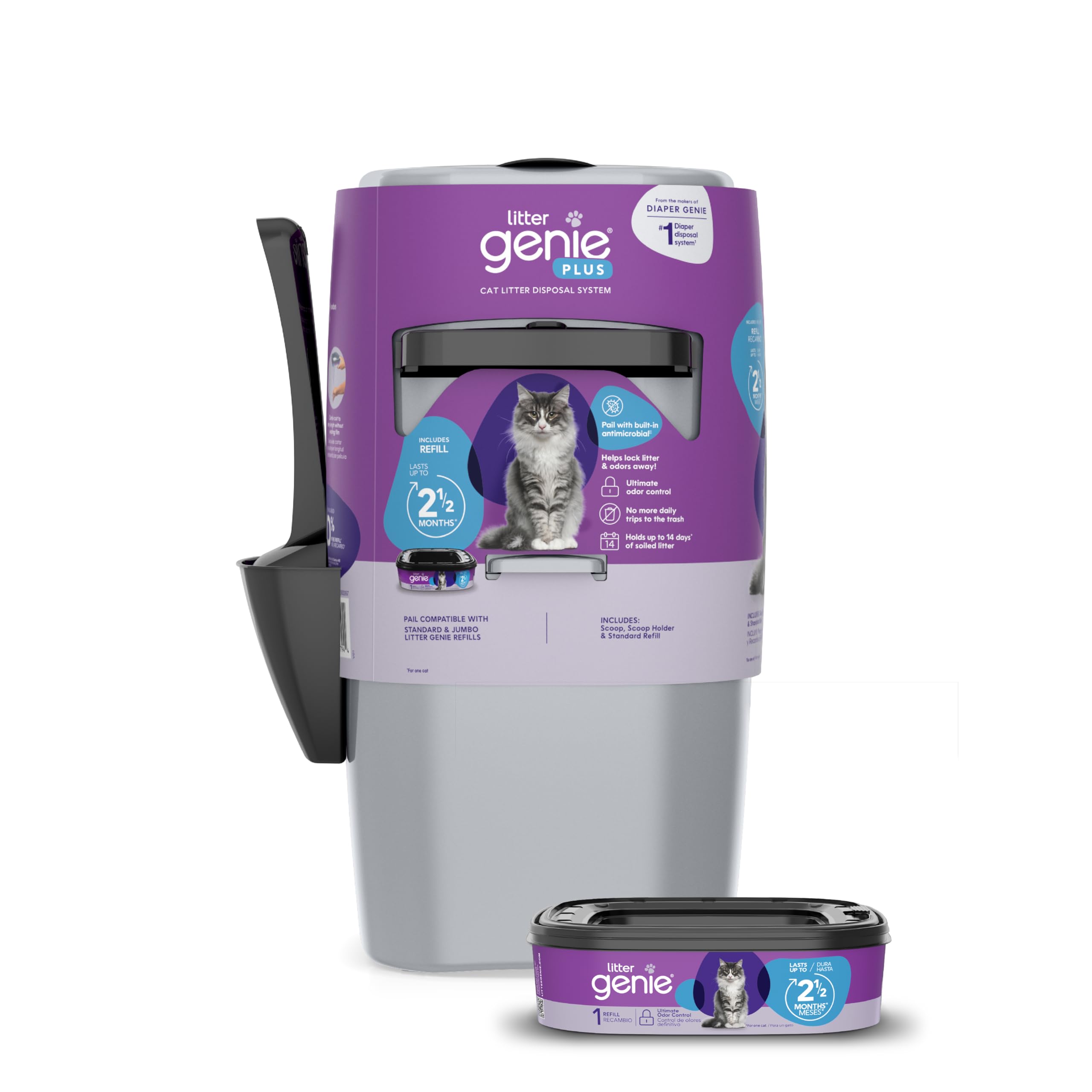 Litter Genie Plus Pail (Silver) | Cat Litter Box Waste Disposal System For Odor Control | Includes 1 Square Refill Bag