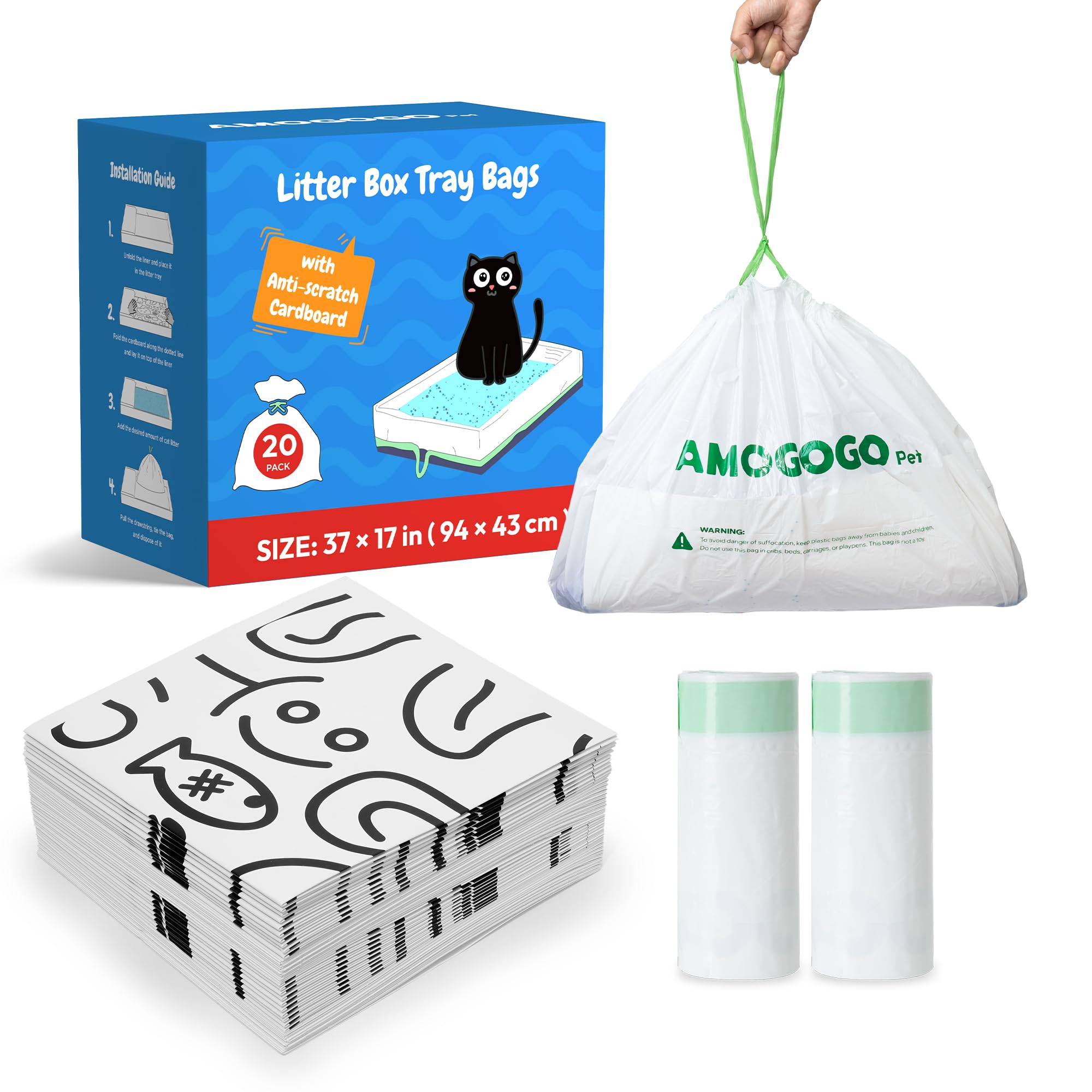 Amogogopet 20 Pack Cat Litter Bags, Compatible With Petsafe Crystal Litter Box Tray Refill, With Anti-Scratch Cardboard, Heavy D